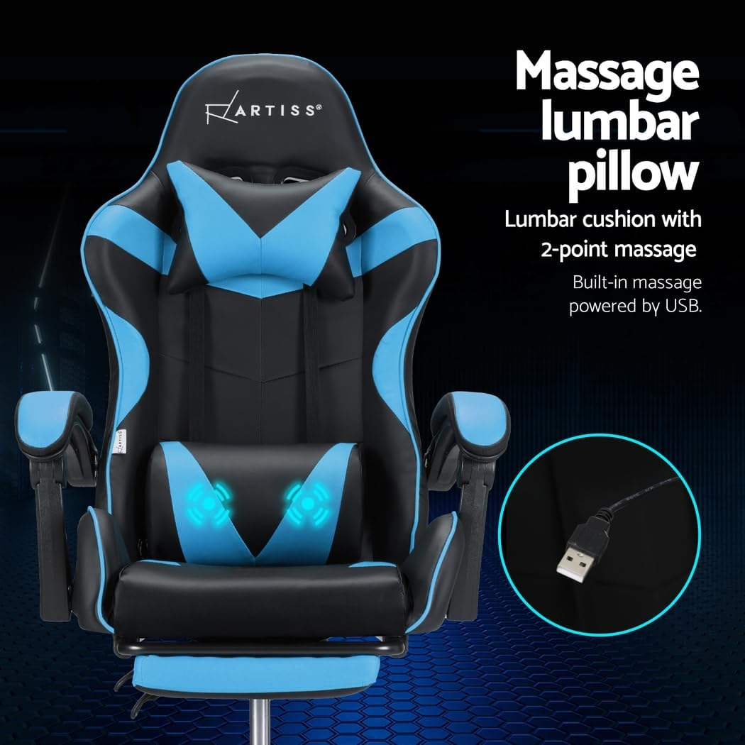 Artiss Massage Gaming Chair, PU Leather 2 Point Ergonomic Office Computer Desk Recliner Chairs Armchair for Room Executive Home, with Retracted Padded Footrest 360&deg; Rotatable Height Adjustment Blue