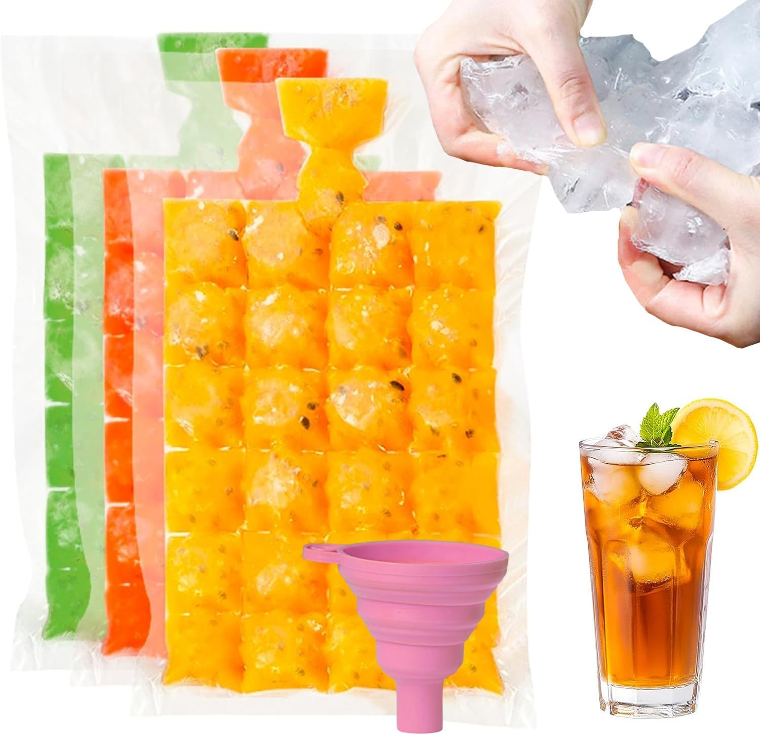 Disposable Ice Cube Bags 50Pcs - 1200 Self-Sealing Ice Cube Trays with 1 Funnel, Bpa-Free PE Material Ice Cubes for Freezer Cocktail Wine Food Party, Leak-Proof & Space-Saving image number 3