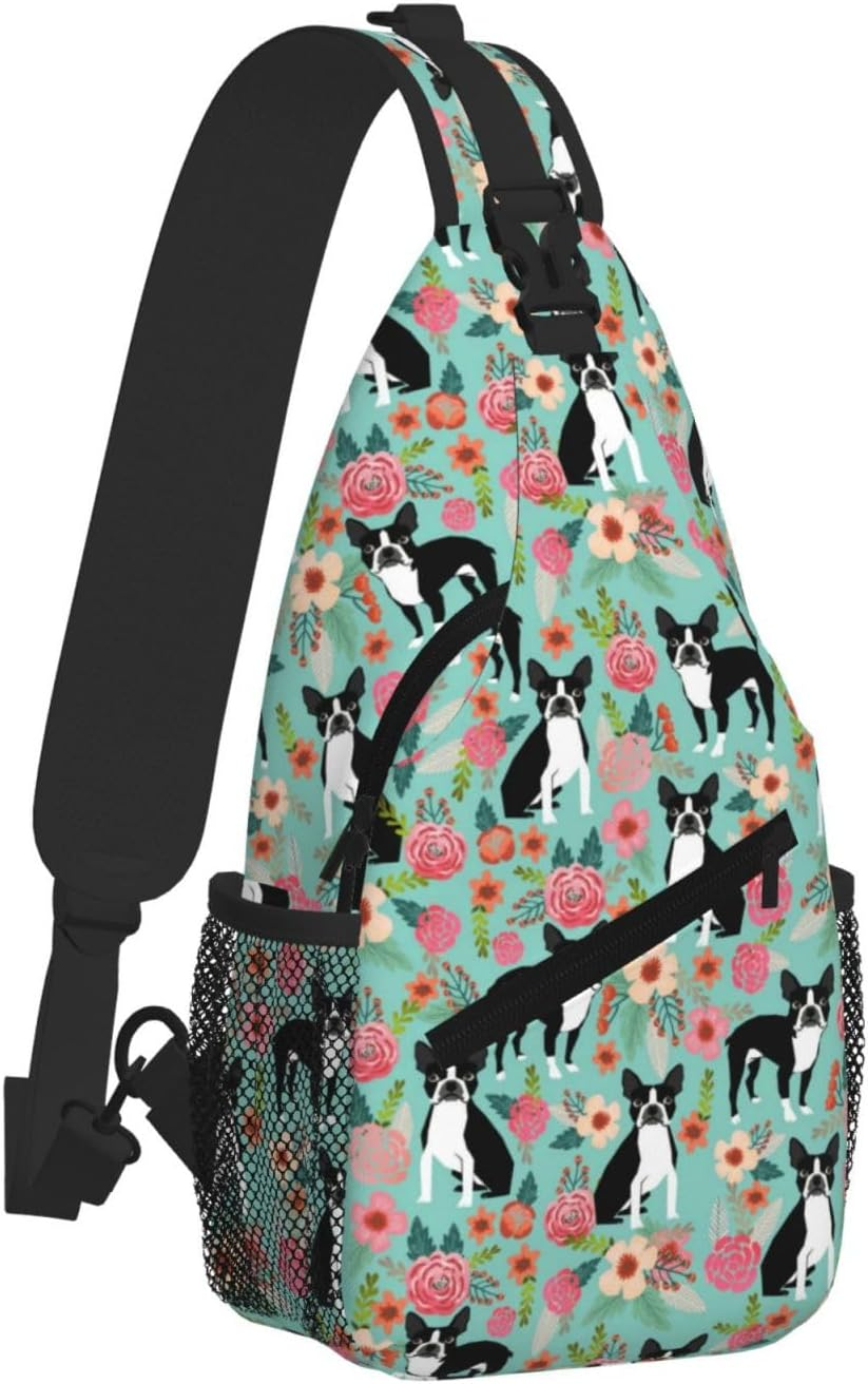 Cozimangoe Sling Bag for Woman and Man Reversible Shoulder Strap Crossbody Backpack Travel Hiking Biking Climbing Outdoors, Personalized Patterns, Boston Terrier with Flowers image number 5