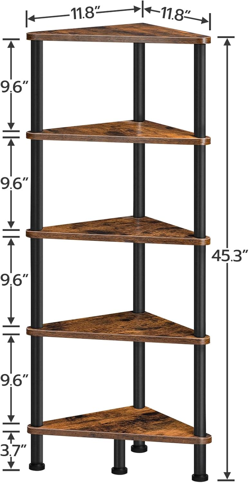HOOBRO Corner Shelf, Industrial 5-Tier Wall Corner Bookshelf with Metal Frame, Corner Shelf Stand Display Plant Flower, Corner Bookcase for Small Spaces, Bedroom, Living Room, Rustic Brown BF33CJ01 image number 1