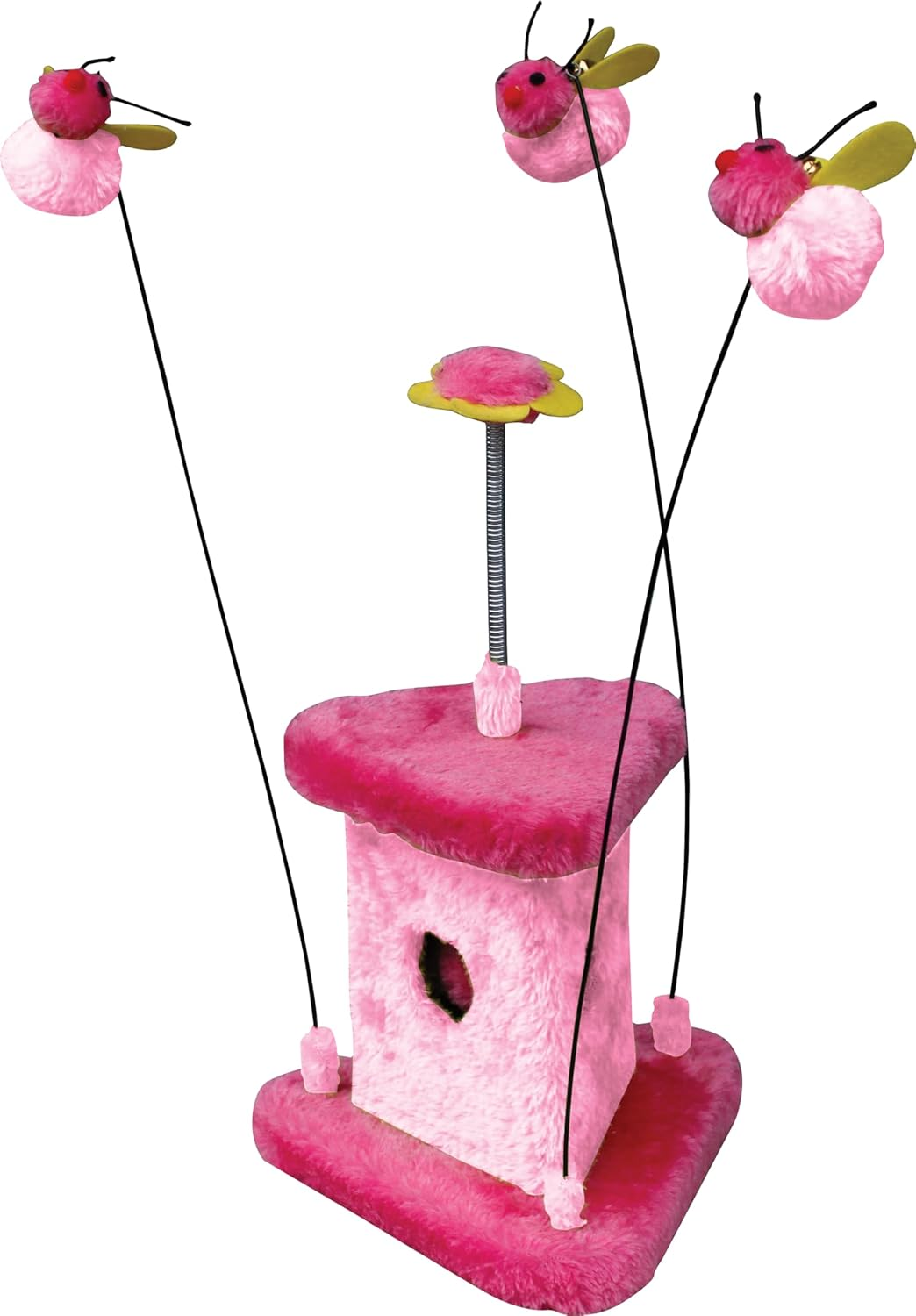 Cattitude Pounce N Play Cat Scratch Post Busybee Pink, Pink, 35Cm Height - Cat House, Spring-Loaded Teaser, Soft Plush Material image number 2