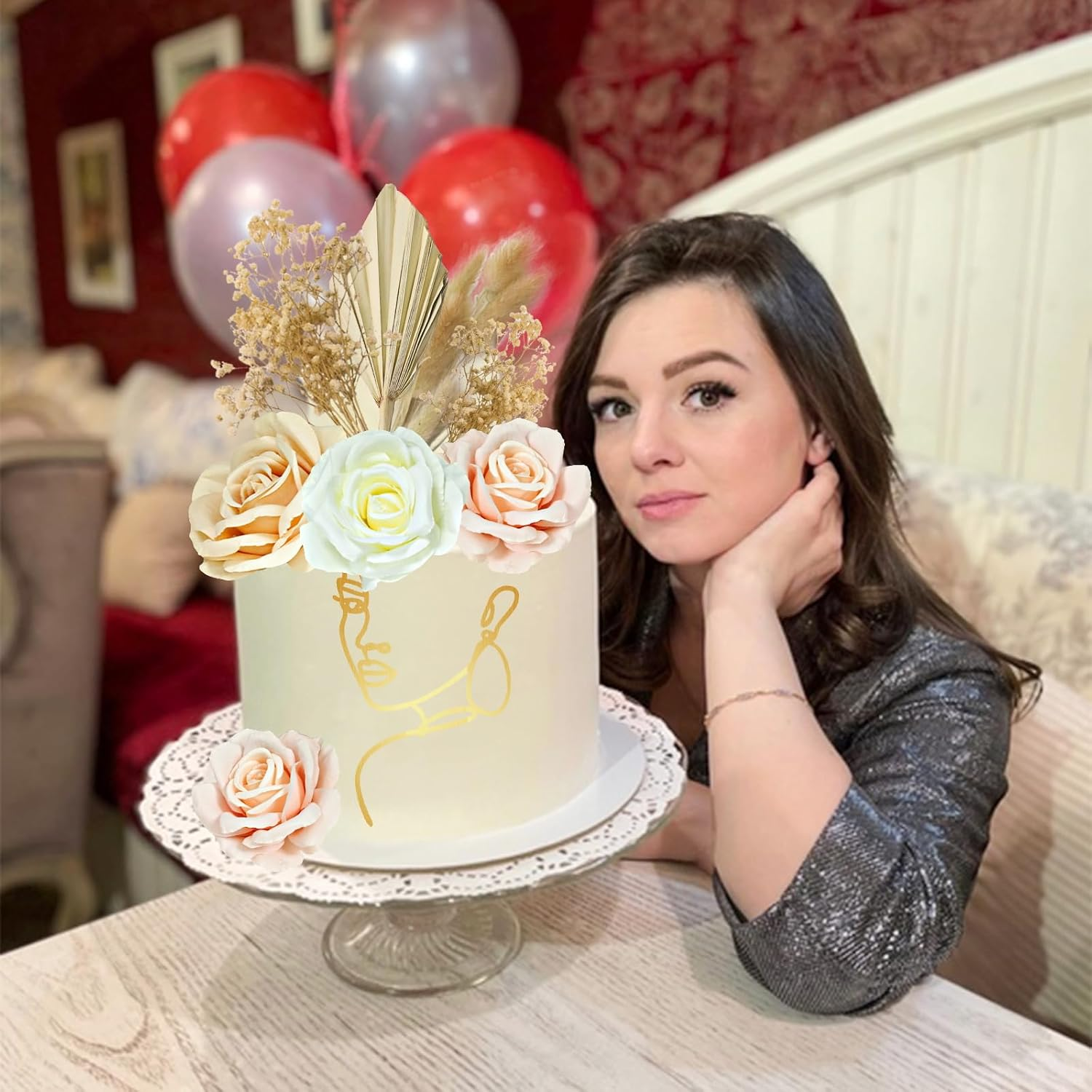 Morofme 21Pcs Boho Cake Decor - Acrylic Minimalist Art Lady Gold Face & Vintage Artificial Rose Flower Leaves for Bohemian Birthday Wedding Bridal Baby Shower image number 1