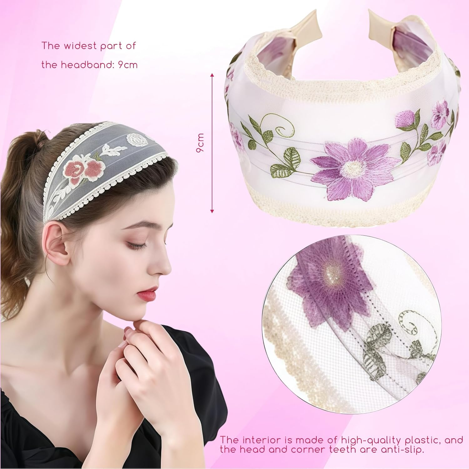 Pack of 3 Women'S Wide Hair Bands, 9 Cm, Floral Embroidery Mesh Hairband, Comfortable Non-Slip Hair Bands with Comb Teeth for Women and Girls, Hair Accessories (9 Cm Style B, One Size) image number 5