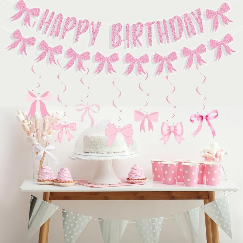 WADY 30Pcs Pink Bow Happy Birthday Banner Set with Glitter Garland & 7 Hanging Swirls, Girly Birthday Party Decorations for Girls, Bow Themed Backdrop Wall Hanging (Pink)