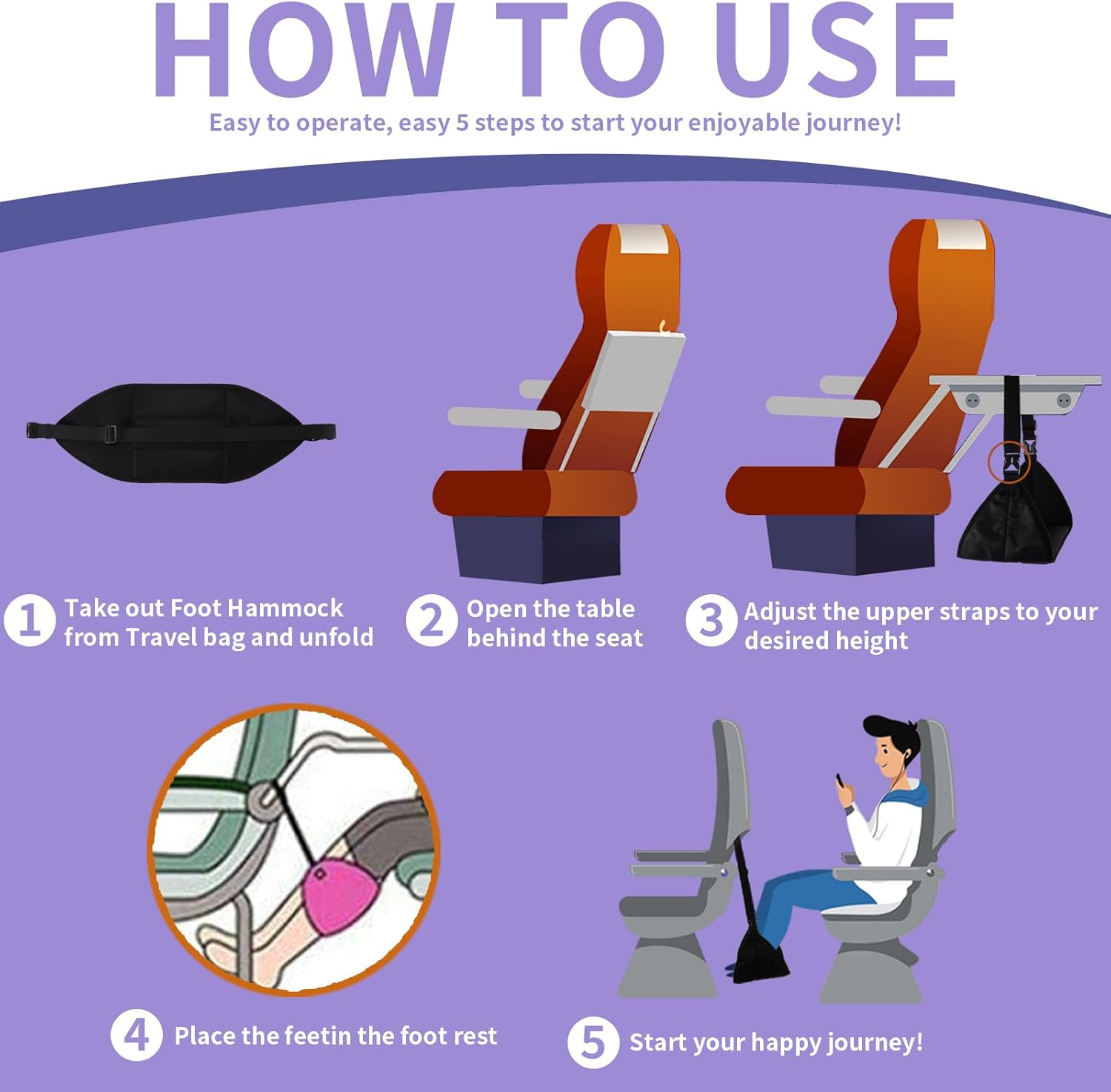 Foot Rest for Plane with No Feet Clashing, Portable Base Designed Foot Hammock, Travel Essentials Carry-On Adjustable Height Footrest Travel Accessories image number 2