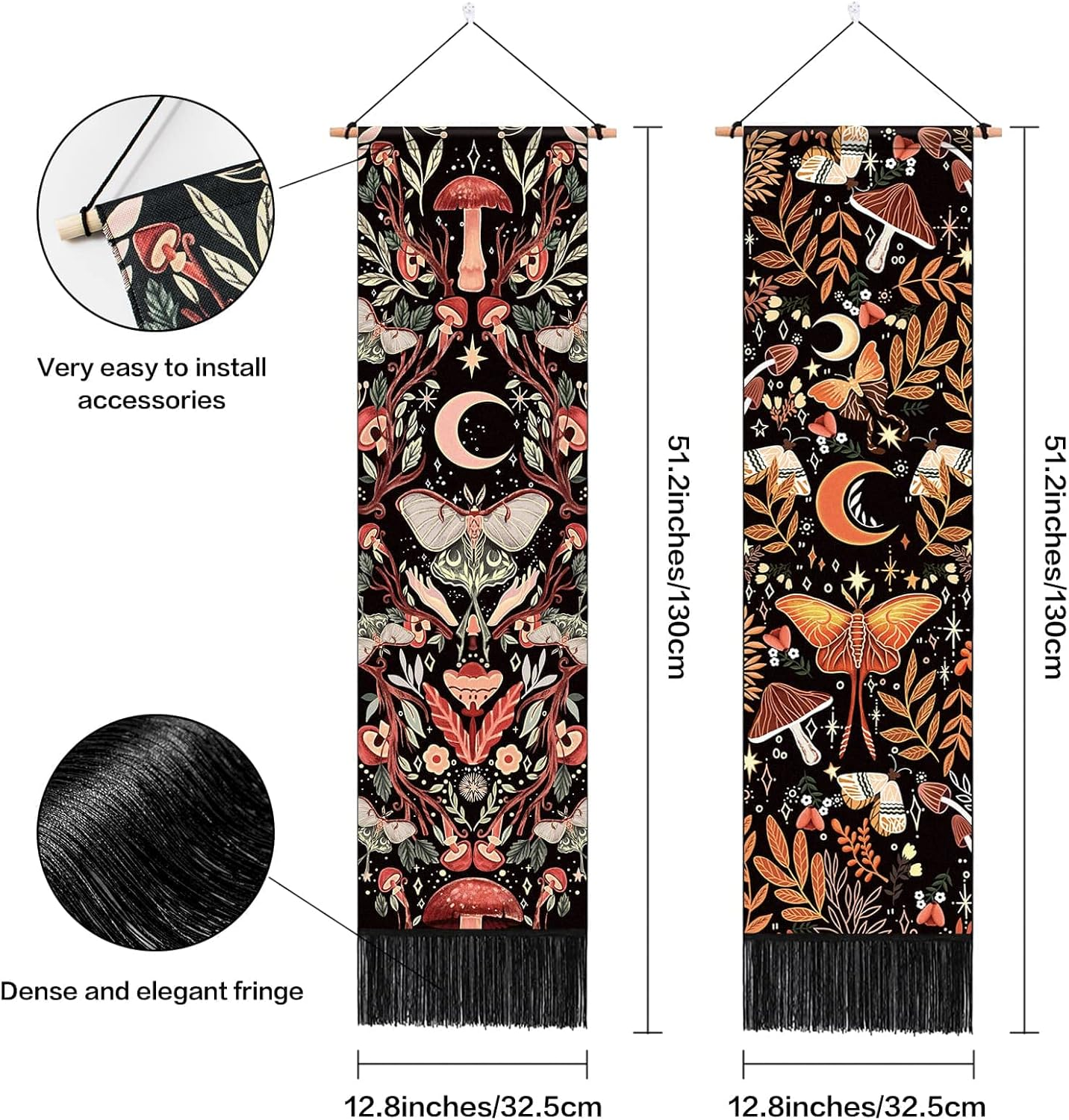 ARTCREATOR Pack of 2 Mushroom Wall Hanging Decor, Hippie Room Botanical Vertical Wall Decor Moon Plant Tapestry Mystical Moth Bohemian for Room(12.8 X 51.2 Inches) Red and Yellow image number 2