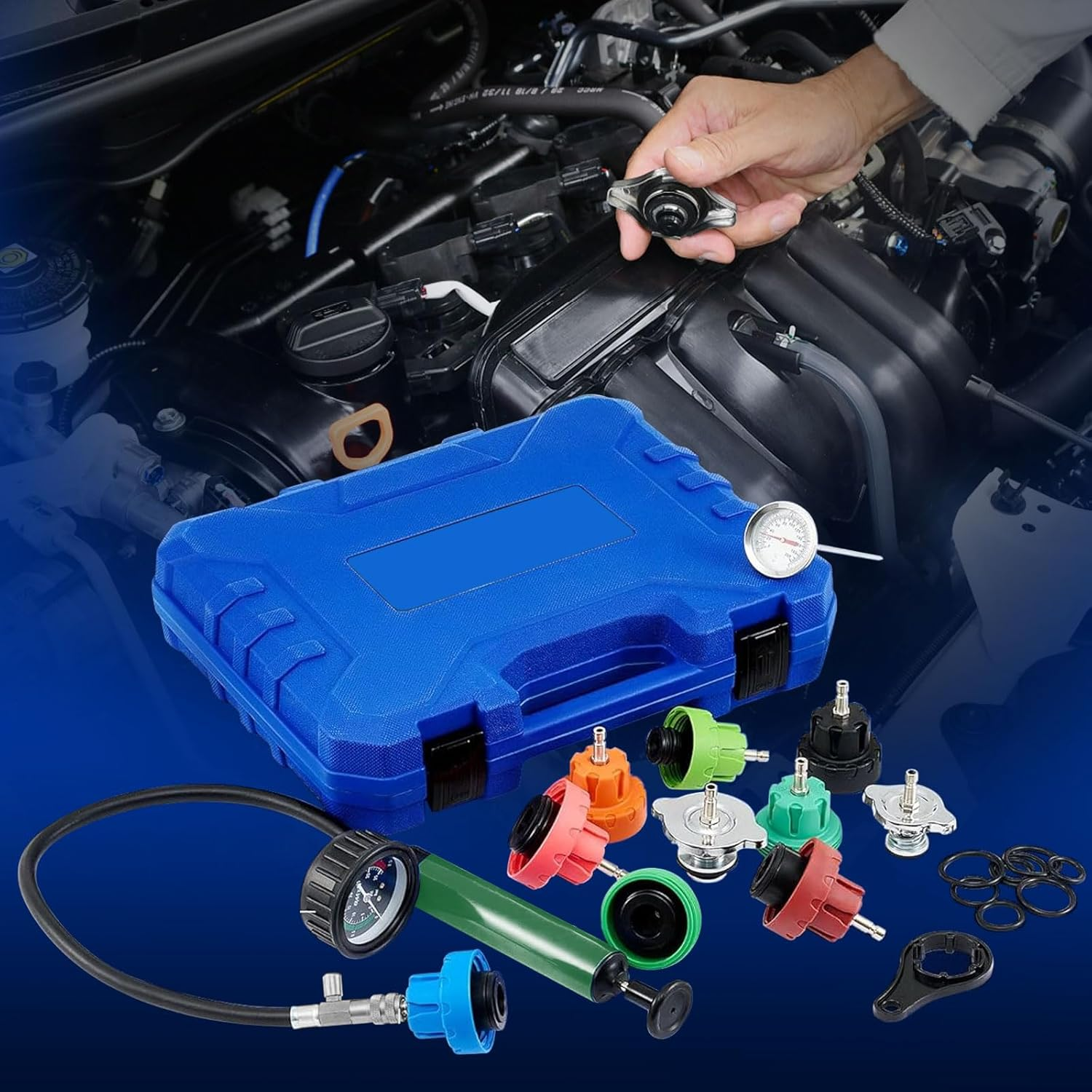 19PCS Radiator Pressure Tester Kit with 15 Adapters, Hand Pump, Probe Thermometer, Wrench & O-Rings &ndash; Cooling System Pressure Tester Kit Universal Coolant Pump Leak Detector for Cars, Suvs & Trucks image number 5