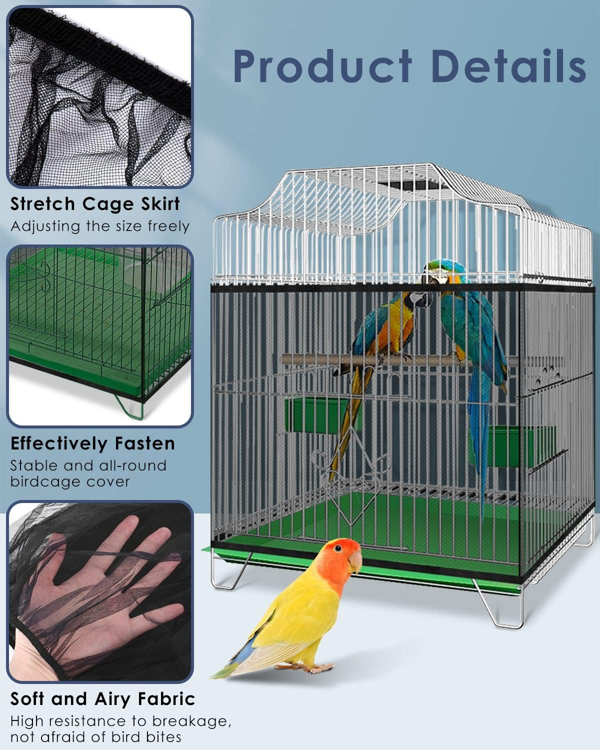 Bissap Bird Cage Seed Catcher, Universal Birdcage Net Nylon Adjustable Elastic Band Stretchy Skirts Mesh Cover for Parrot Cage Seed Guard (Not Include Birdcage)- Black image number 4