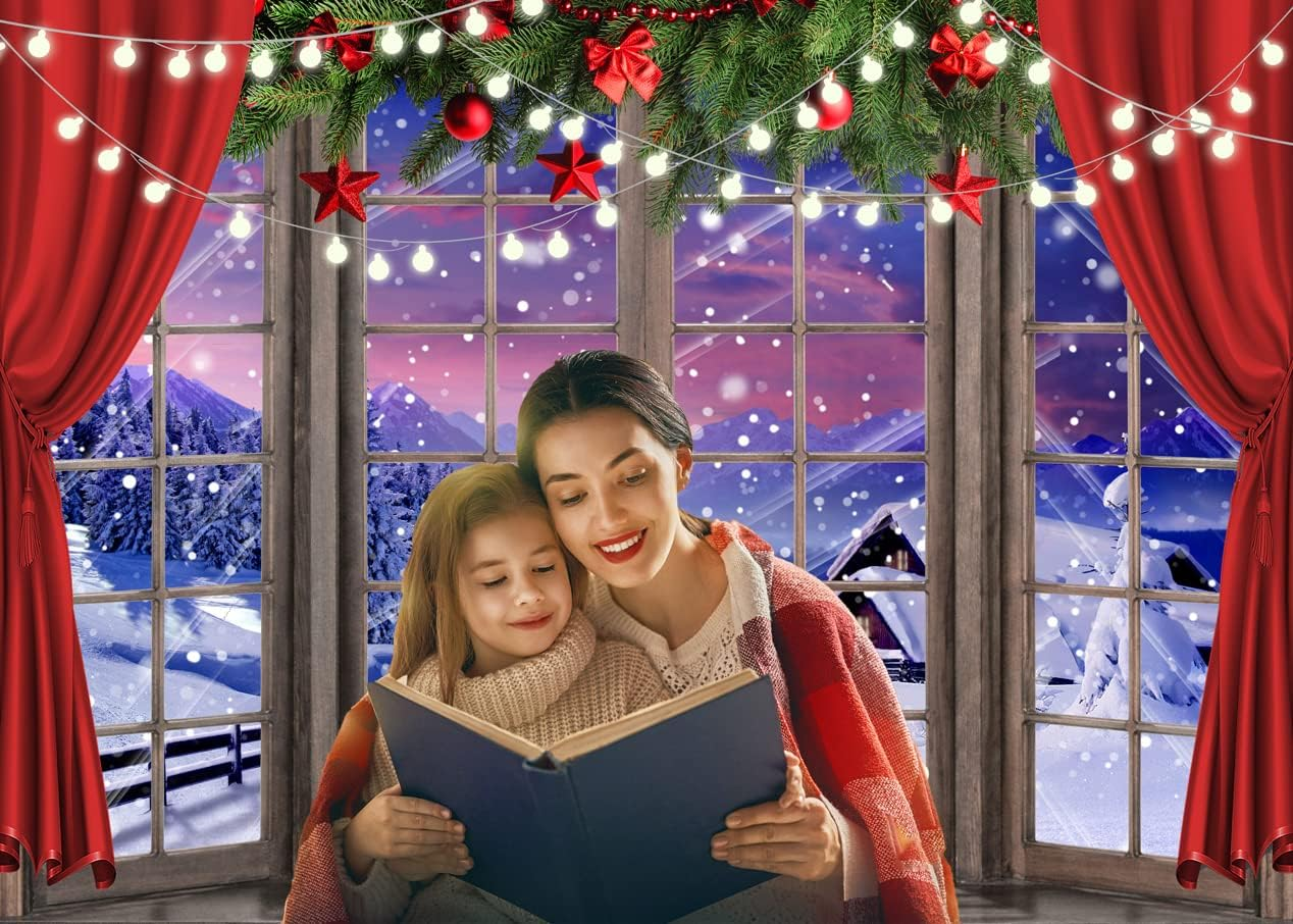 LYCGS 10X8FT Christmas Backdrop Xmas Window Photography Backdrop Winter Dream Wonderland Snow Tree Red Curtain Christma Photo Backdrop Studio Props Banner X-67 image number 6