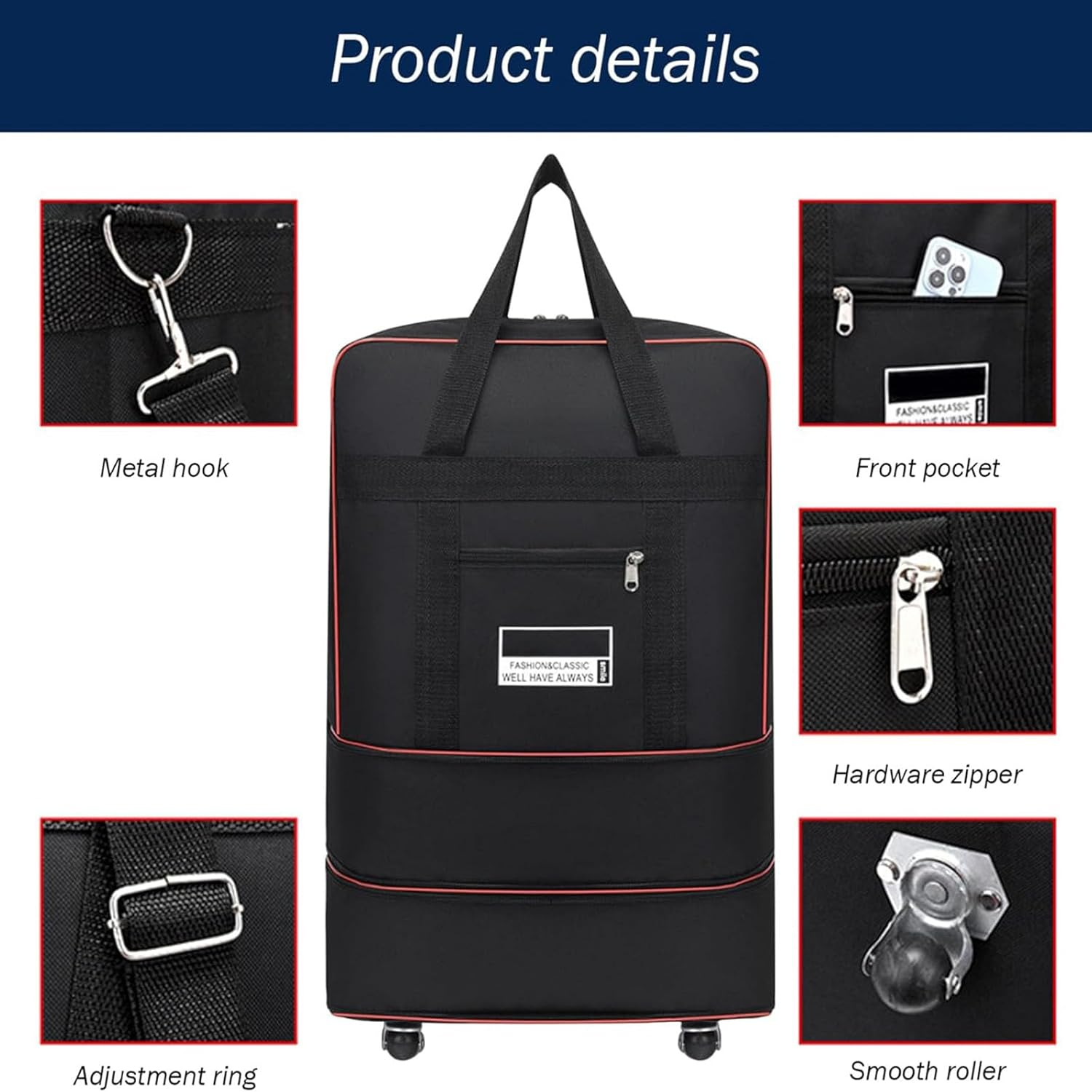 Heyinova Foldable Suitcase Luggage,Rolling Expandable Bag Luggage with 5 Wheel,Waterproof Zipper Travel Oxford Fabric Luggage,Durable Travel Duffel Bag with Luggage Tag(L)