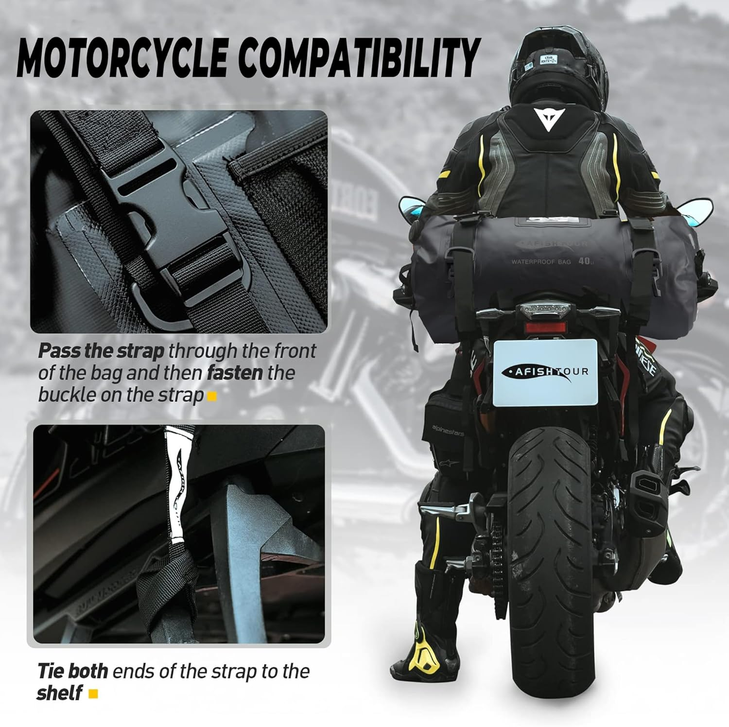 AFISHTOUR 40L Waterproof Motorcycle Duffel Bag - Motorcycle Luggage Tail Bag with Straps for Back Seat - Roll Top Dry Bag for Kayaking, Rafting, Boating, Camping, Travel, Beach (Black) image number 2