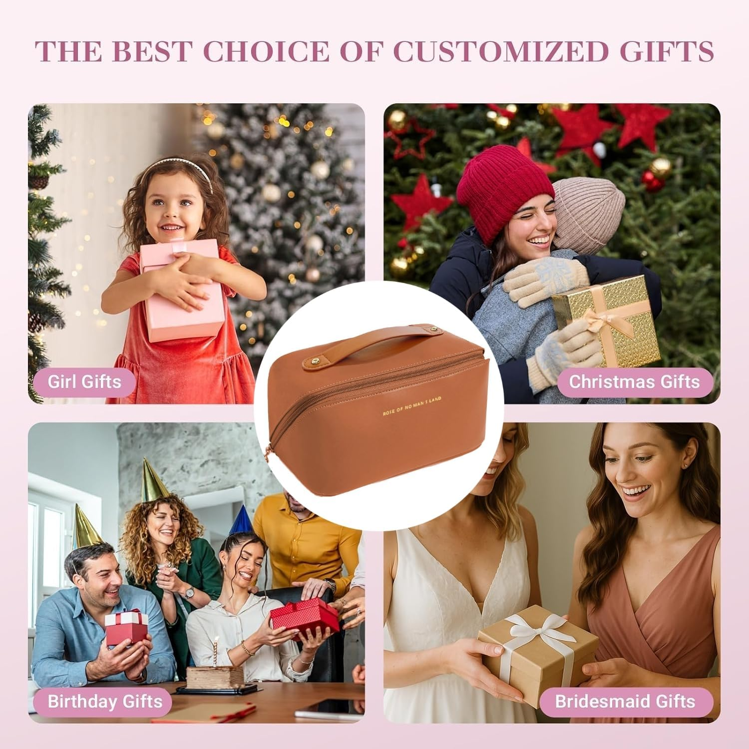 Waterproof Leather Makeup Bag with 180&deg; Opening &ndash; Organized Storage for Cosmetics, Ideal for Travel & Gifting,Leather Toiletry Bag with Handle, Tan Brown, Zip Closure, Travel Cosmetic Case, AUPOINT image number 5