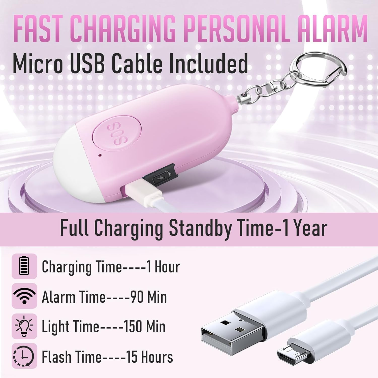 Self Defense Keychain Personal Alarm- 130Db Rechargerable Self Defense Alarm Keychian with Emergency LED Flashlight - Security Personal Protection Device for Women Girls Kids Elderly - White image number 6