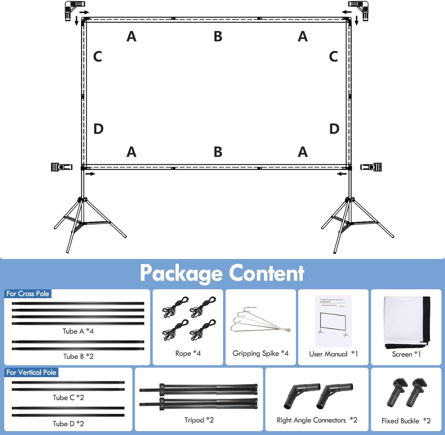 No Wrinkles 100 Inch Projector Screen - Super Stable with Dual Tripods, Strong Stands, Portable Design for Indoor/Outdoor, 16:9, 4K - Perfect for Camping, Parties, and Home Theater image number 1