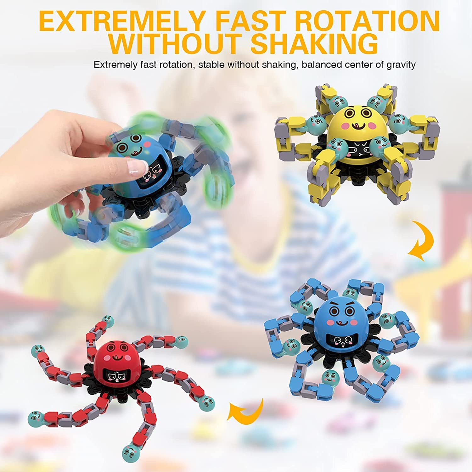 Transformable Fidget Spinner Toys, 3 Pack Fun Cartoon Face Swap Fingertip Spinner, Glow in the Dark, Deformable DIY Mechanical Chain Robot Fingertip Gyros, Decompression Gifts for Kids and Adults image number 2