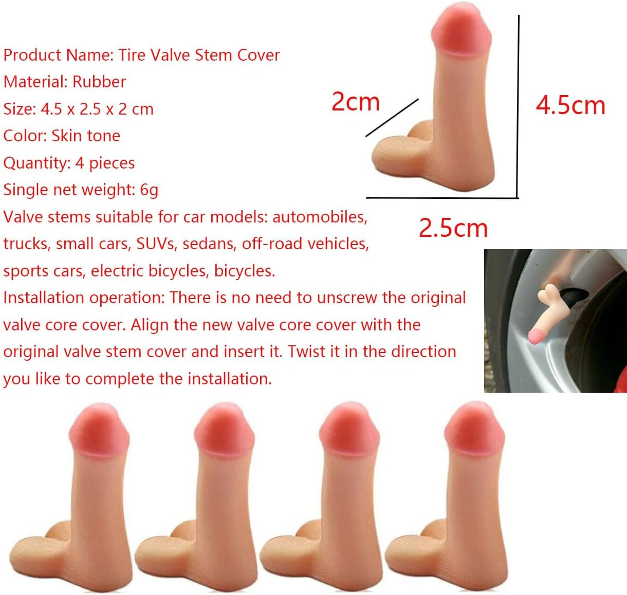 4 Pcs Prank Tire Valve Stem Cap Airtight Dust Proof Cover Universal for Car SUV Bike Trucks and Motorcycles Car Wheel Tire Exterior Accessories Set Y1