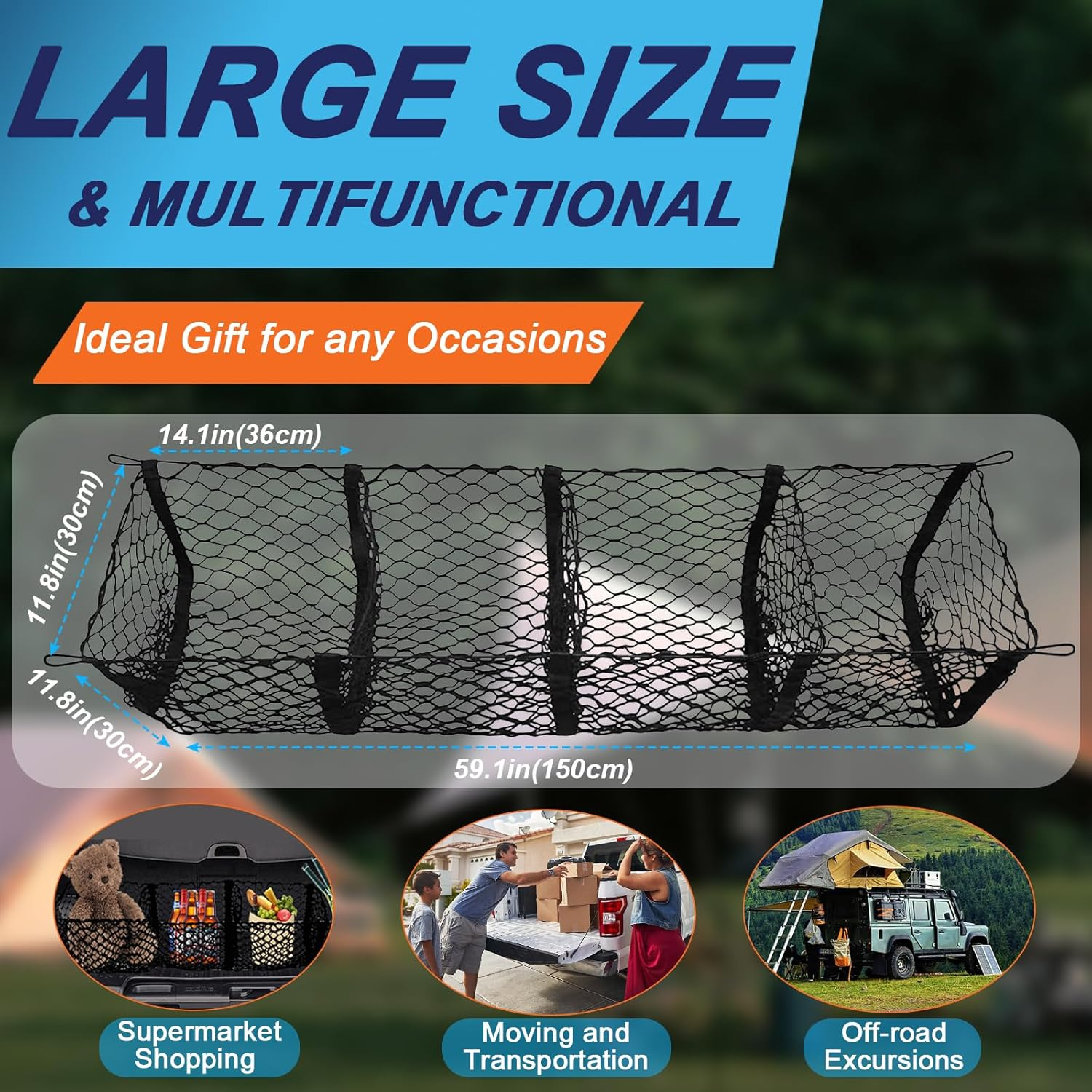 Holnunet Cargo Net for Pickup Truck Bed- 59" Adjustable Elastic Mesh Cargo Net, Car Rear Storage Organizer with 4 Carabiners Accessories, Heavy Duty Cargo Net for Pickup, Truck, SUV, M0003 image number 5