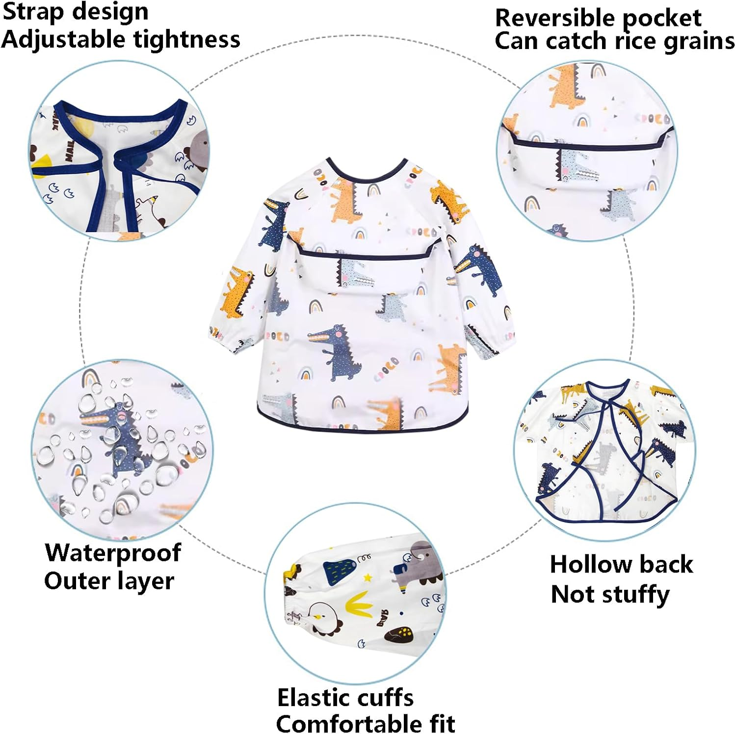 3 Pcs Long Sleeve Baby Bibs Set, Baby Smock Bib Infant Feeding Bibs with Food Catcher Pocket Waterproof, Wipe Clean Fit Toddler 3-24 Months image number 2