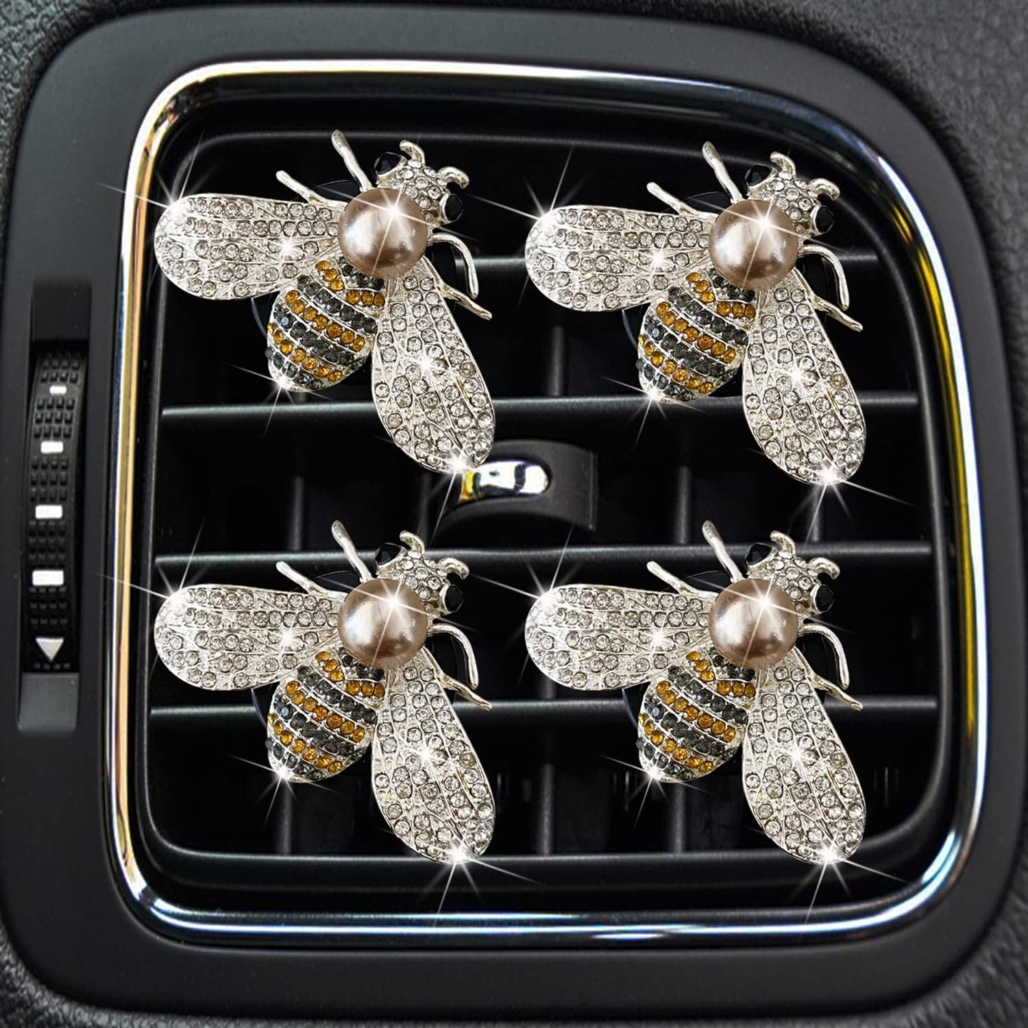 Xinjincang 4 Pcs Crystal Bee Car Air Fresheners Vent Clips, Car Diffuser Vent Clip Rhinestone Diamond Bee Car Decoration, Car Interior Decor Bling Car Accessories for Women