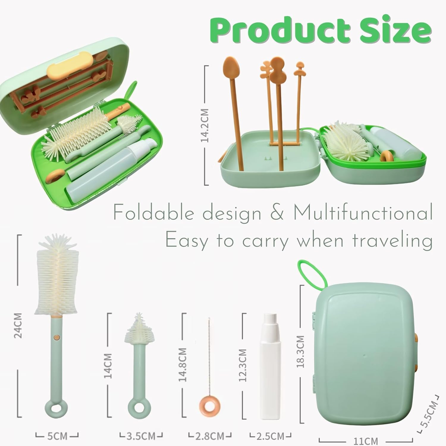Travel Baby Bottle Brush Set with Portable Silicone Bottle Brush Nipple Cleaner Brush Straw Brush Soap Dispenser and Bottle Drying Rack (Green) - White image number 3