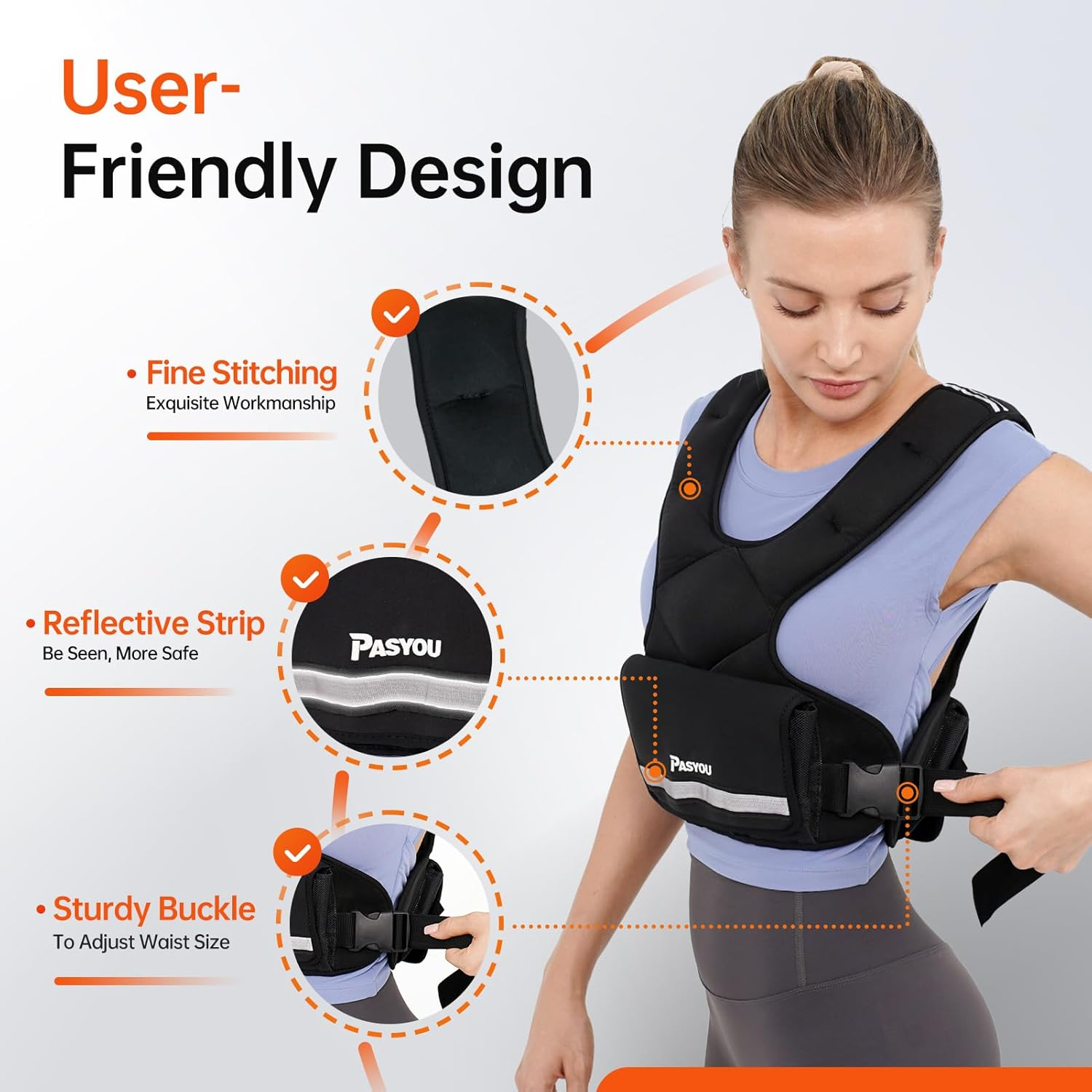 PASYOU Adjustable Weighted Vest 10LB-22LB with Reflective Strip Body Weight Vest with 6 Ironsand Weights 2 Ankle Weights for Men Women Running Weights Vest for Cardio Strength Training Walking Black image number 1