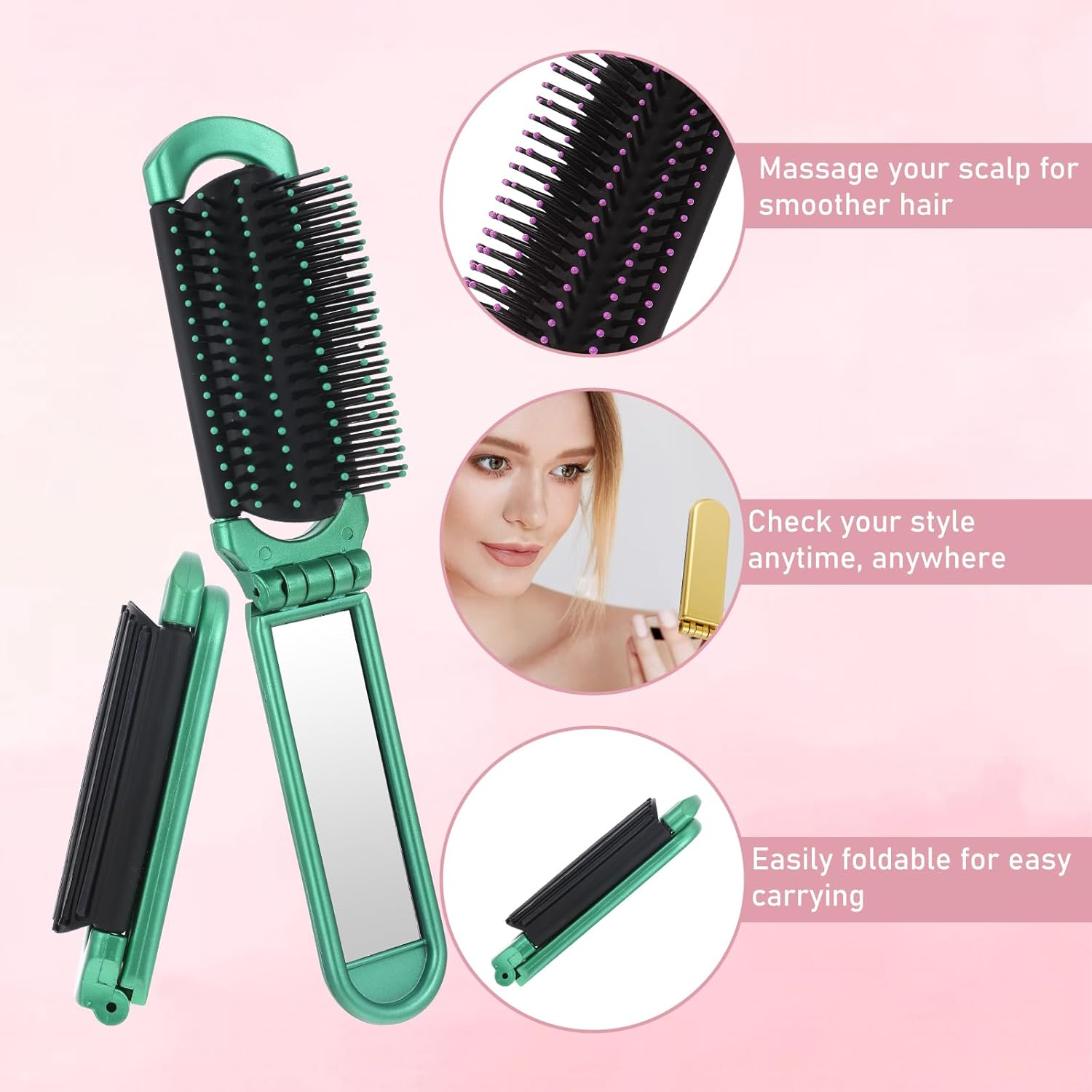 Travel Hair Brush with Mirror, 5 Pcs Muiticolor Folding Hair Brush Portable Compact Brush, Mini Hair Brush for Purse Hair Massage Comb Hair Styling Tools for Women Home, Trip, Gym, Swimming (5 Colors) image number 4
