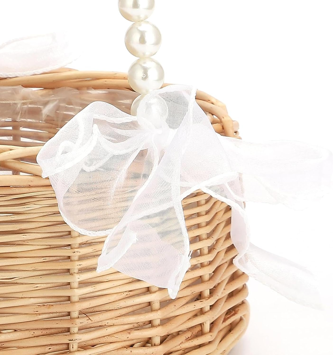 Wicker Basket for Flower Girls, Braided Flower Basket, Flower Basket with Bow and Pearl Handle, Picnic Basket, Wicker Basket, Woven Basket for Wedding, Table Decoration image number 5