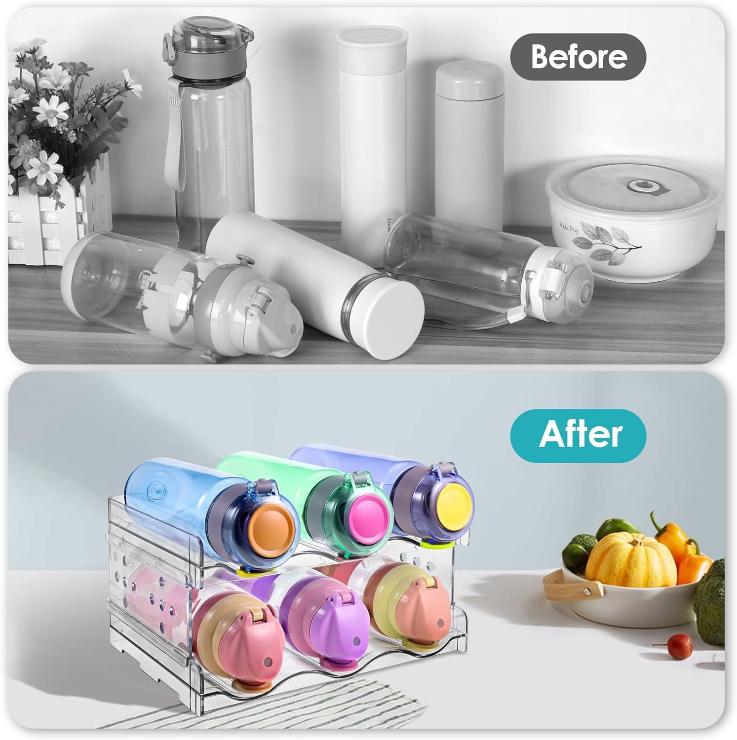 Bottle Holder Cupboard, Bottle Storage, Bottle Rack Stackable for Fridge/Kitchen Countertop Storage/Cupboard/Wine/Bottle, Bottle Organiser, Pack of 2, Each Shelf Holds 3 Containers image number 5