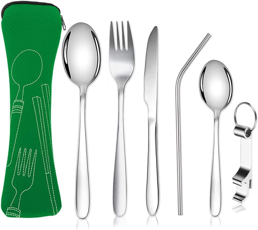 6-Piece Portable Camping Cutlery Set, 304 Stainless Steel Cutlery Sets, Camping Cutlery with Knife, Fork, Spoon, Bottle Opener, Straws Cutlery Bag for Outdoor Travel Picnic Green
