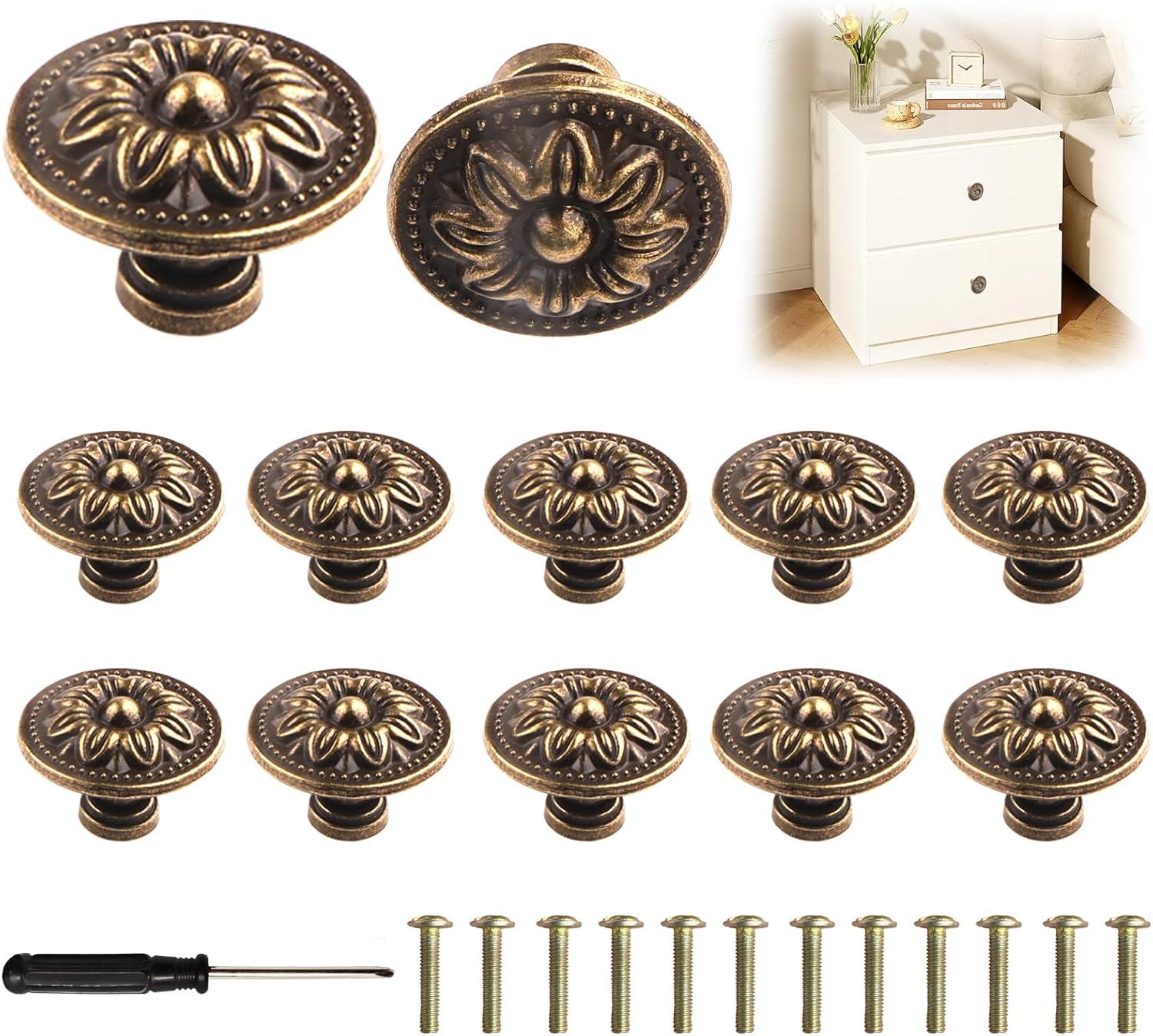 Ynewl Pack of 12 Vintage Furniture Handles, 30 Mm round Furniture Knobs with Screws Screwdriver, Floral Pattern Cabinet Knobs - Used for Cupboards, Wardrobes, Furniture and Hardware Handles (Black