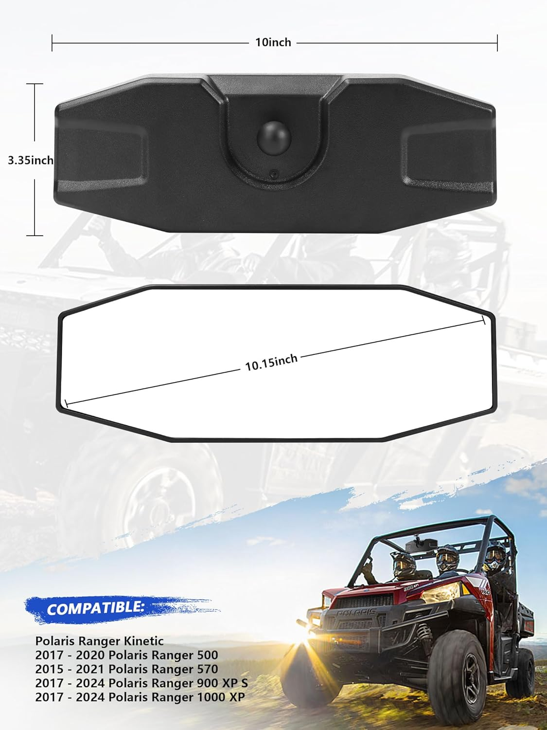 Polaris Ranger Rear View Mirror, ZIDIYORUO Adjustable Center Rearview Mirror for Polaris Ranger 500 570 900 XP 1000XP Crew 2017-2023, Fit Factory Drop down Mounting Tab (With 2Pcs of Belt Bypass)