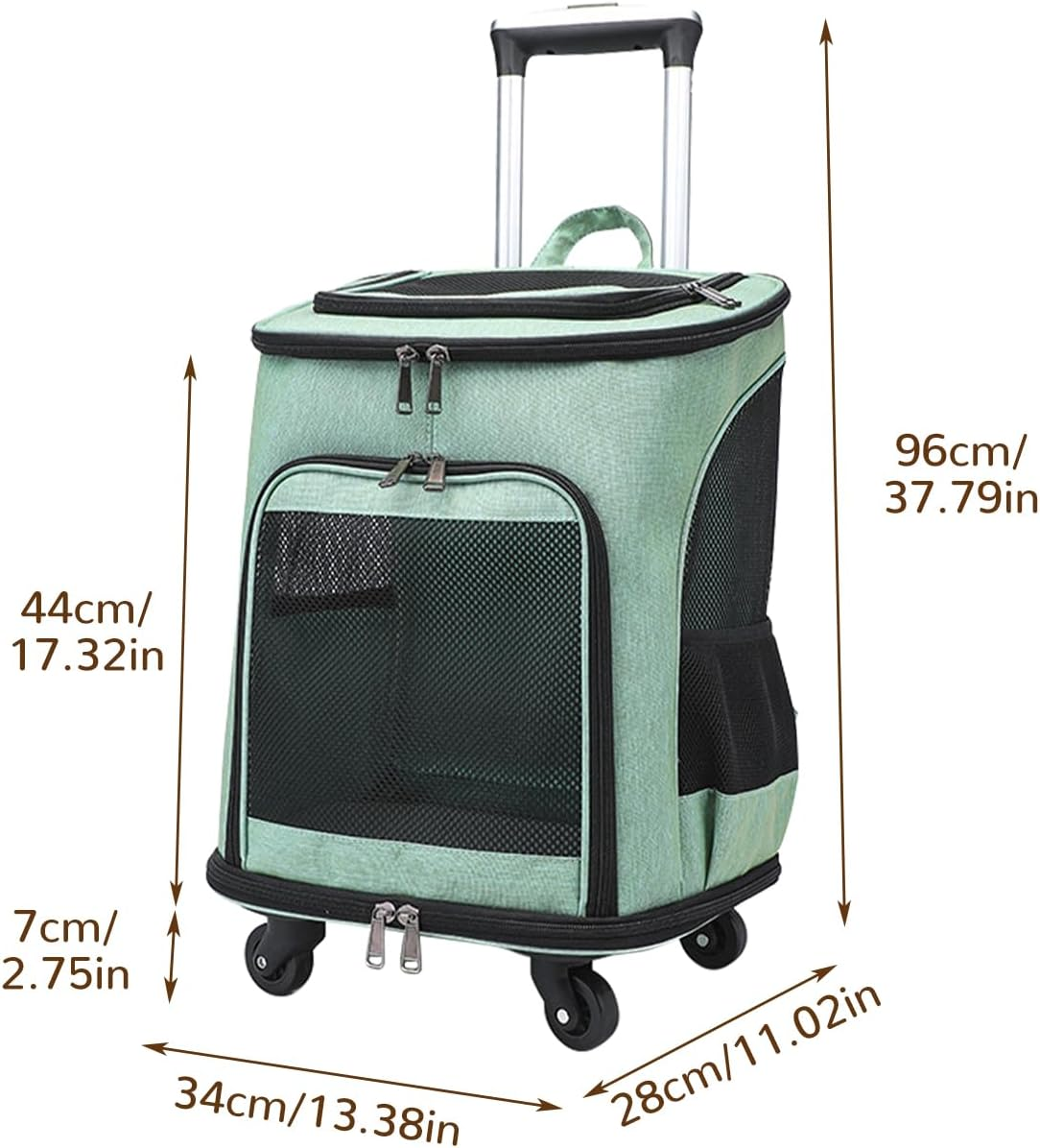 Rolling Pet Carrier, Portable Large Capacity Breathable Pet Carrier with Low Noise Wheels, Side Pocket anti Scratch Cat Backpack for Travel (Green) - Orange image number 5