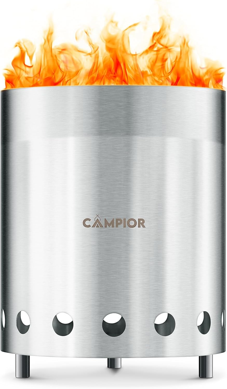 CAMPIOR Wood Burning Fire Pit Stove with Black Exterior - Smokeless Outdoor Stove for Efficient Wood Fires, Camping, and Gatherings, Stainless Steel with Removable Ash Pan, Stand and Carry Bag