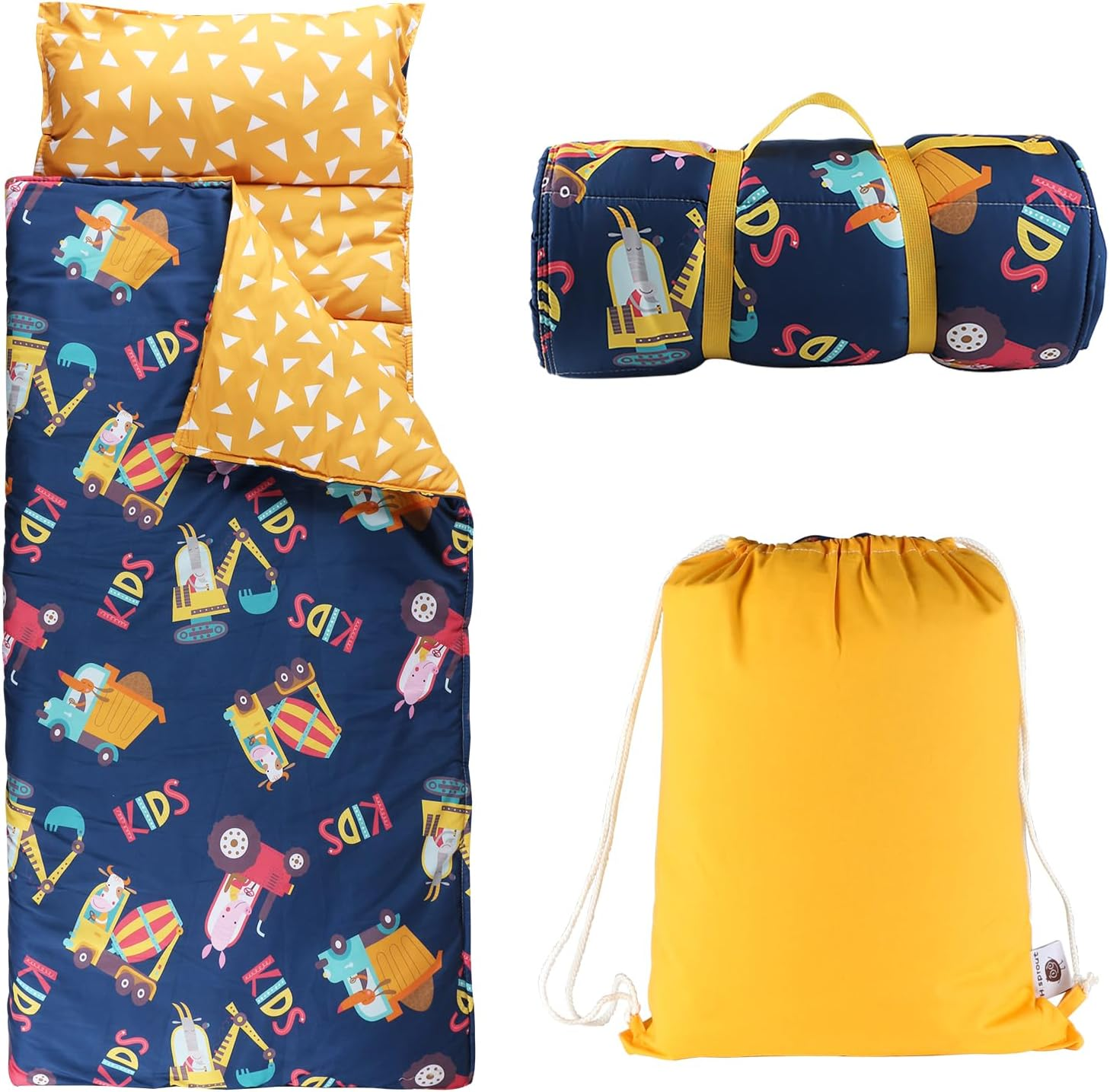 Nap Mat with Removable Pillow and Soft Blanket, Lightweight Daycare Preschool Kindergarten Sleeping Bag, Travel Slumber for Kids Girls Boys