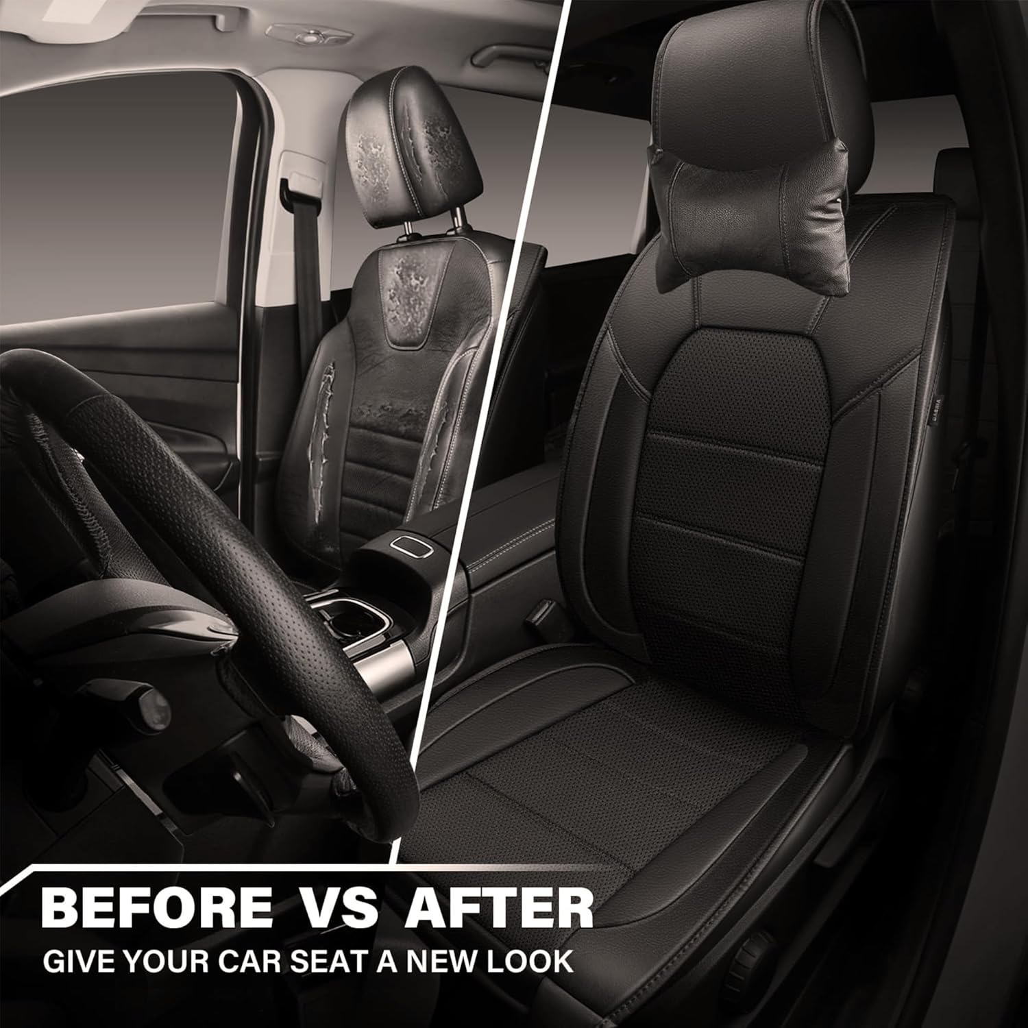 Leather Seat Cover, Sports Car Seat Cover with over 5Mm Composite Sponge Inside, Airbag Compatible with Most Suvs, Trucks, and Vans (Complete Set+2 Headrests (Black) - Black image number 6