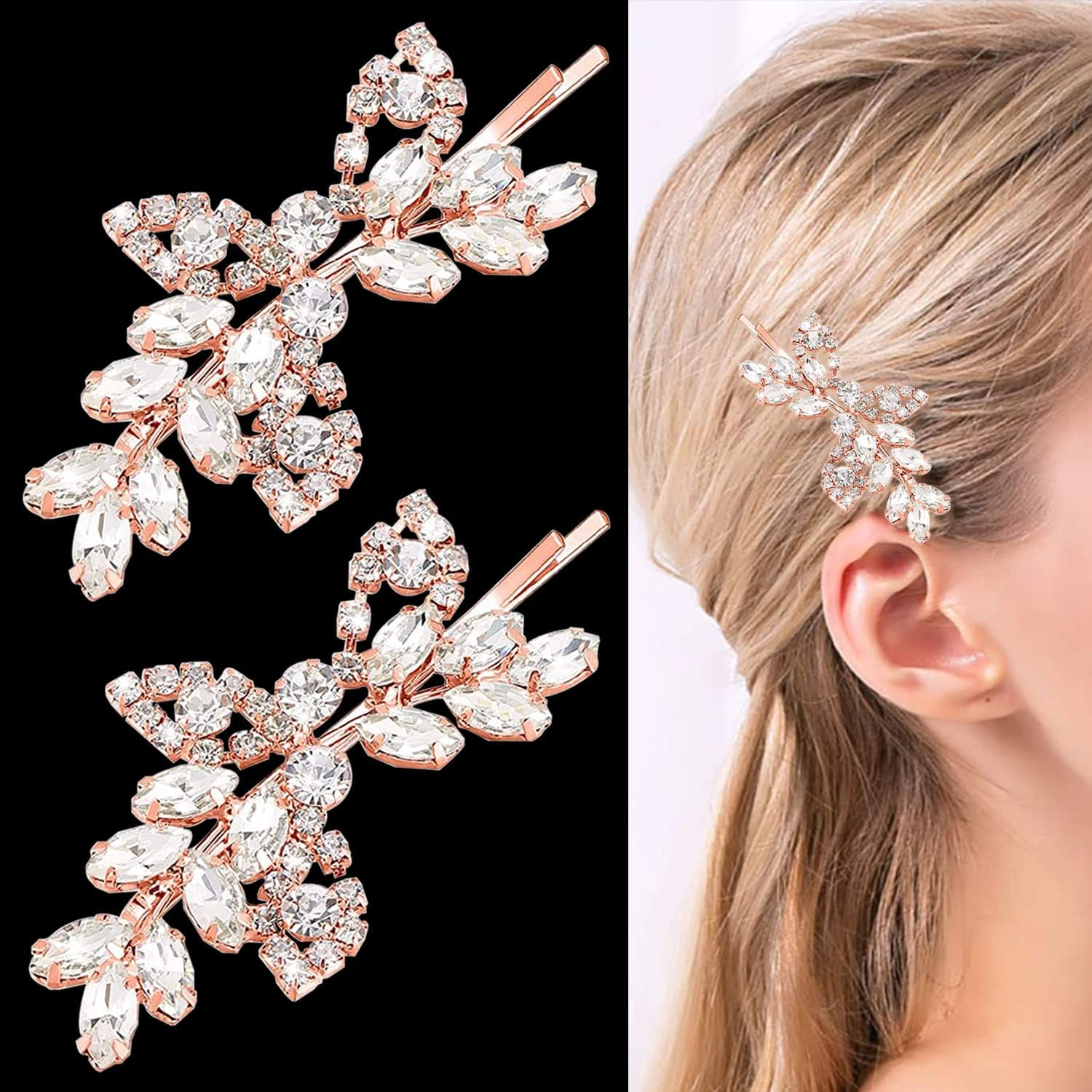 2 Pieces Rhinestone Bridal Hair Clips Leaf Bridal Wedding Hair Pins Crystal Hair Clips Silver Rhinestone Jewelry Barrette for Brides Bridesmaids Flower Girls (Rose Gold)