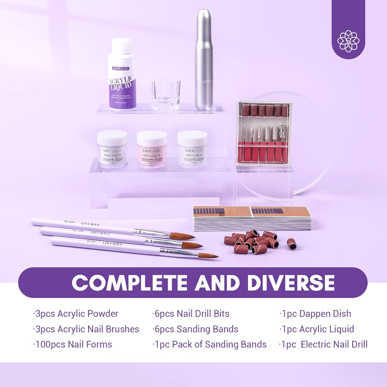 Saviland Acrylic Nail Kit &ndash; 3 Colors Acrylic Powder with Acrylic Liquid 3PCS Acrylic Nail Brush Electric Nail Drill Nail Forms Nail Kit Set Professional Acrylic with Everything for Extension Nail Art image number 4