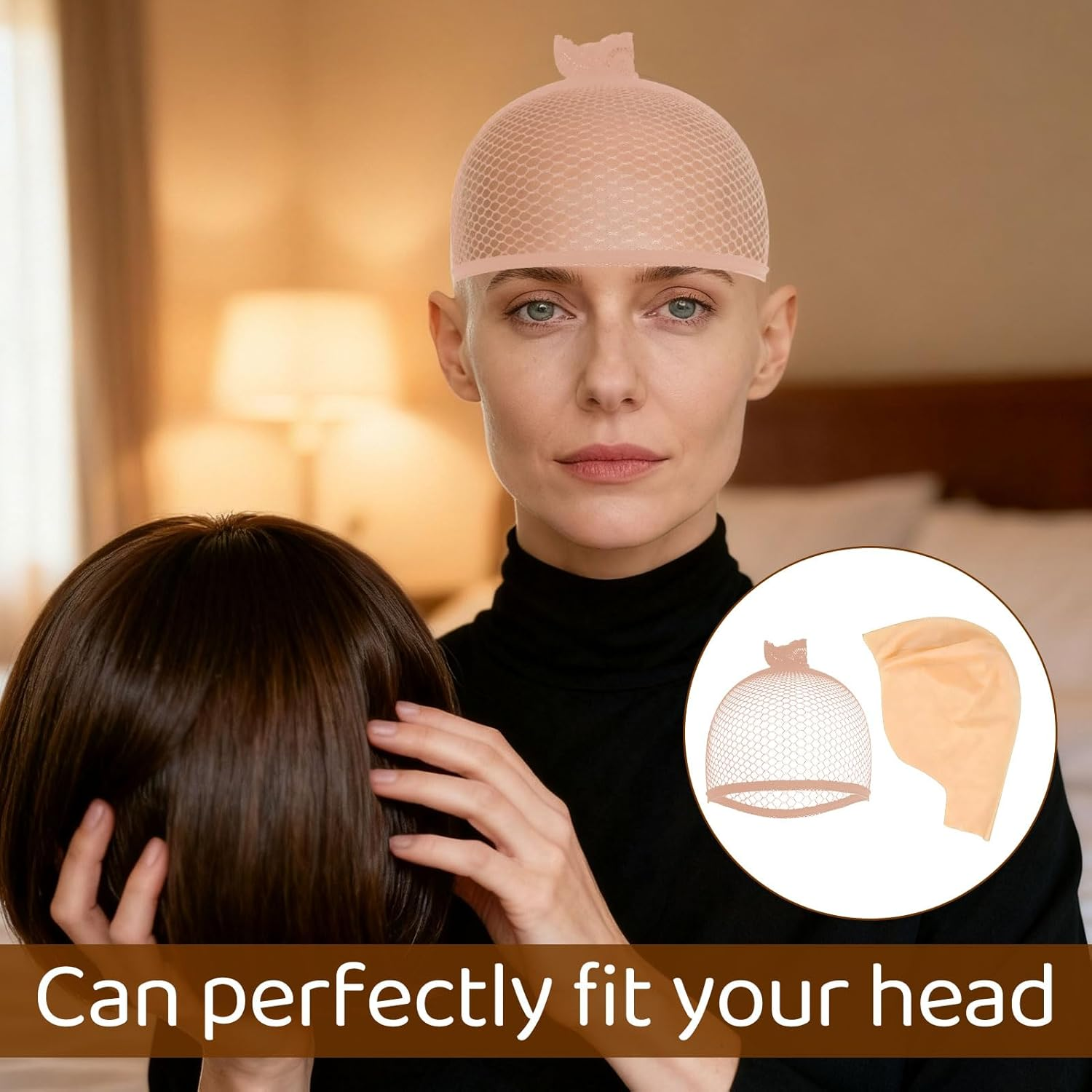 3 Packs Bald Cap with 4 Pcs Wig Cap, Nude Latex Bald Cap for Makeup Cosplay, Bald Caps for Adults Halloween Party, Bald Cap Wig for Costume Accessory, Stage Performance, Lightweight and Stretchable image number 2