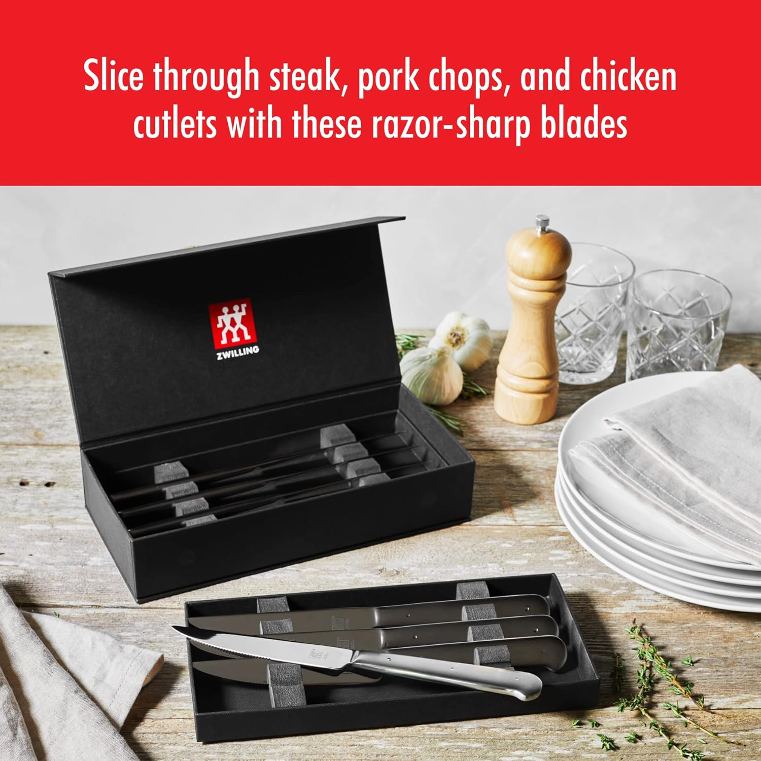 ZWILLING Porterhouse Razor-Sharp Steak Knife Set of 8 with Black Presentation Case, Gift Set, Silver image number 6