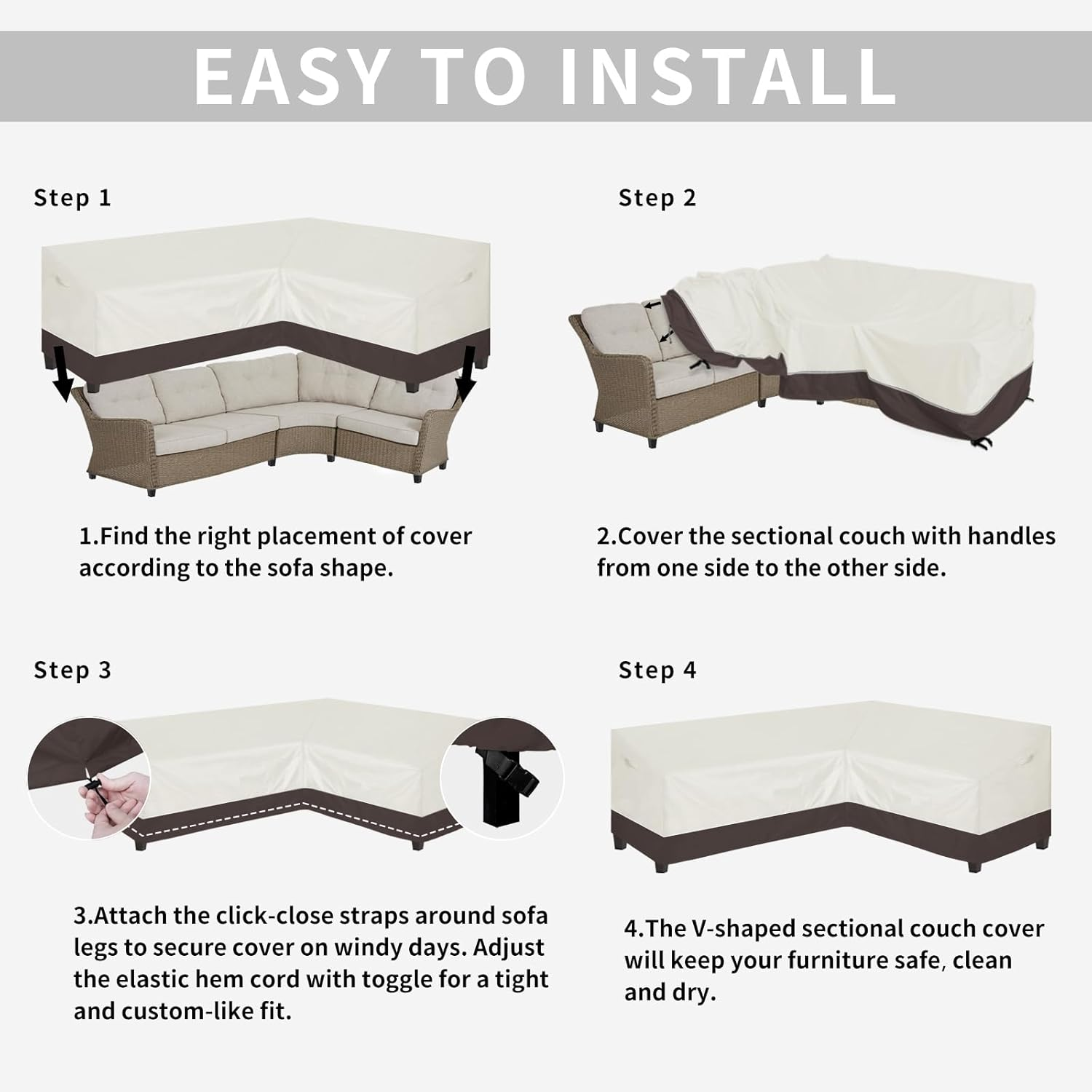 Easy-Going Outdoor L-Shaped Sectional Sofa Rain Cover 104''X83'' UV Resistant Patio Sectional Couch Waterproof Lawn Patio Furniture Cover (Right Facing, Beige/Brown) image number 1