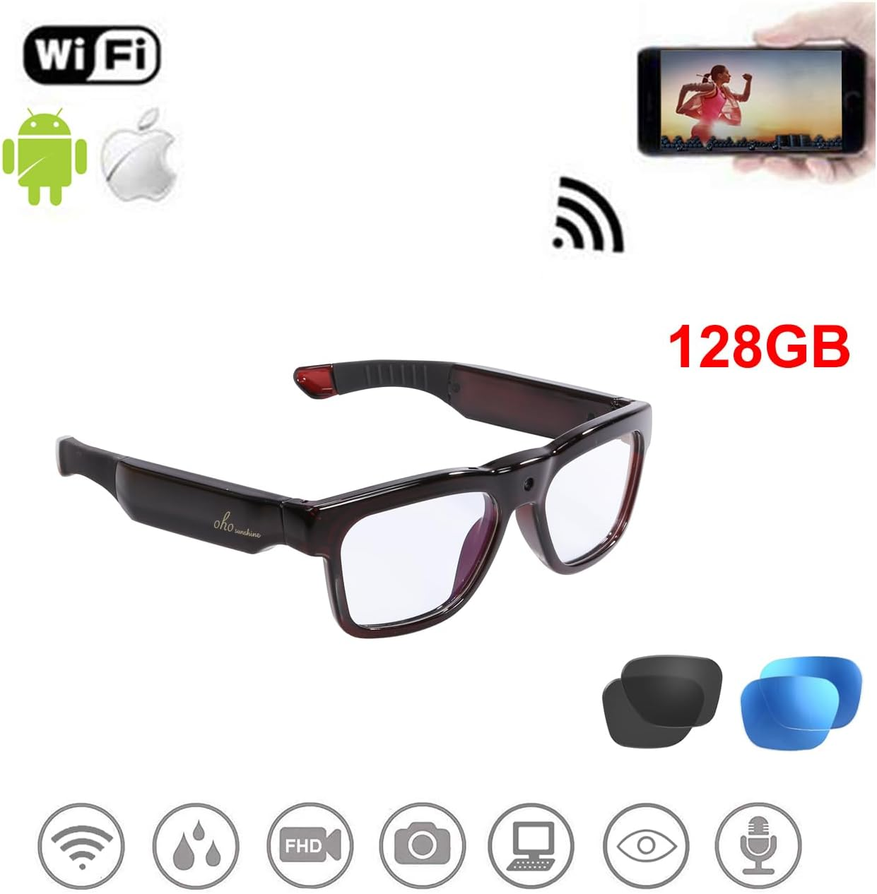 Oho Sunshine 128GB Wifi Camera Glasses,Streaming Video & Photo from Glasses to App by Ultra Full HD Camera - Brown 32G 1080P image number 7