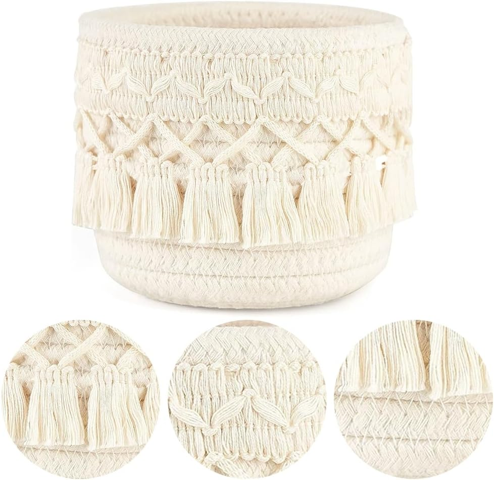 MOTRAIN Set of 2 Macrame Makeup Brush Holder Organizer Comb Brushes Mini Storage Basket Boho Decor Baskets for Pen Pencil Box Container, Ivory