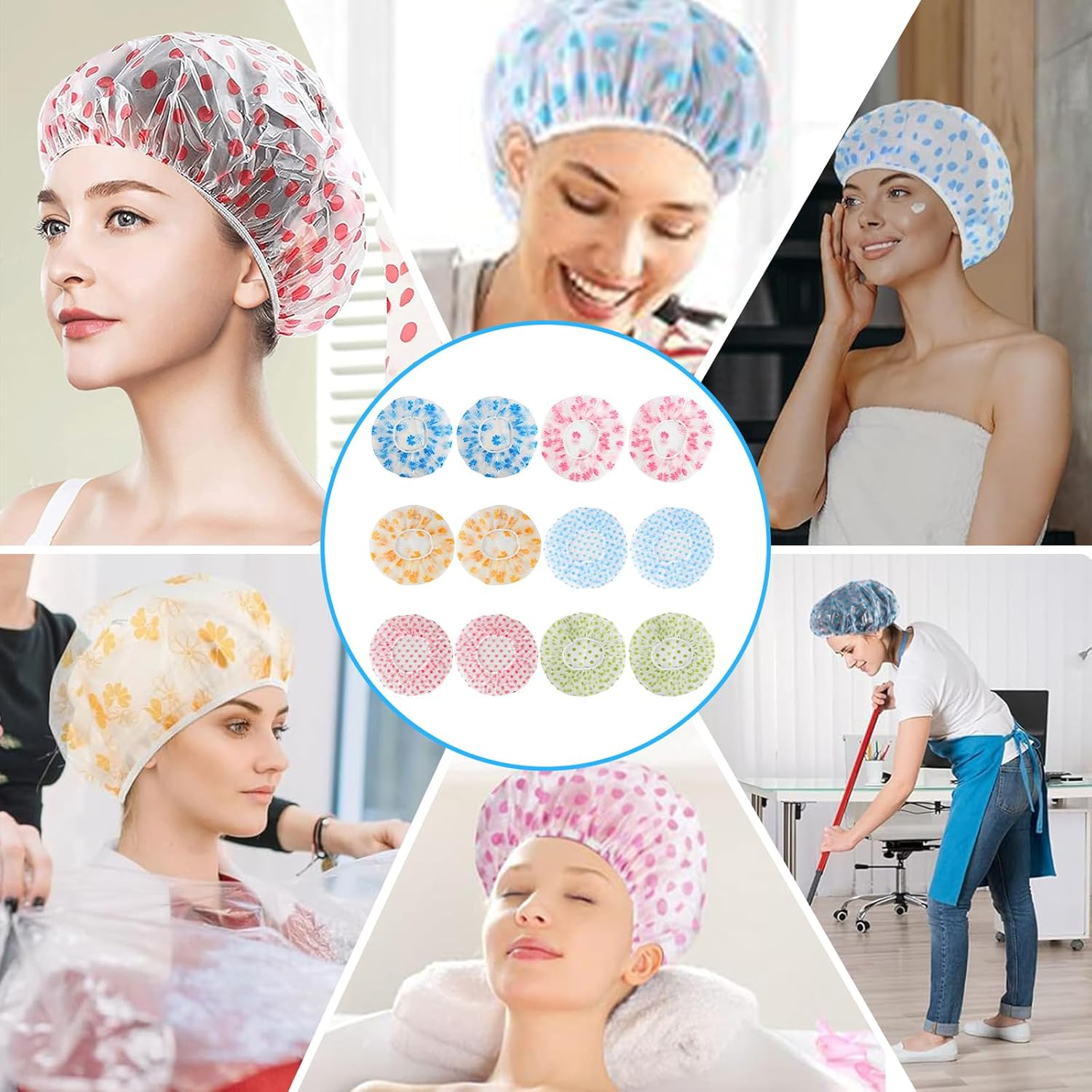 12 Pieces Thickened Shower Caps Combo Pack Waterproof Reusable Plastic Bath Caps Beauty Salon Spa Shower Caps Lace Elastic Band Bath Hair Hat Suitable for Women Ladies Fit for Home and Travel image number 2