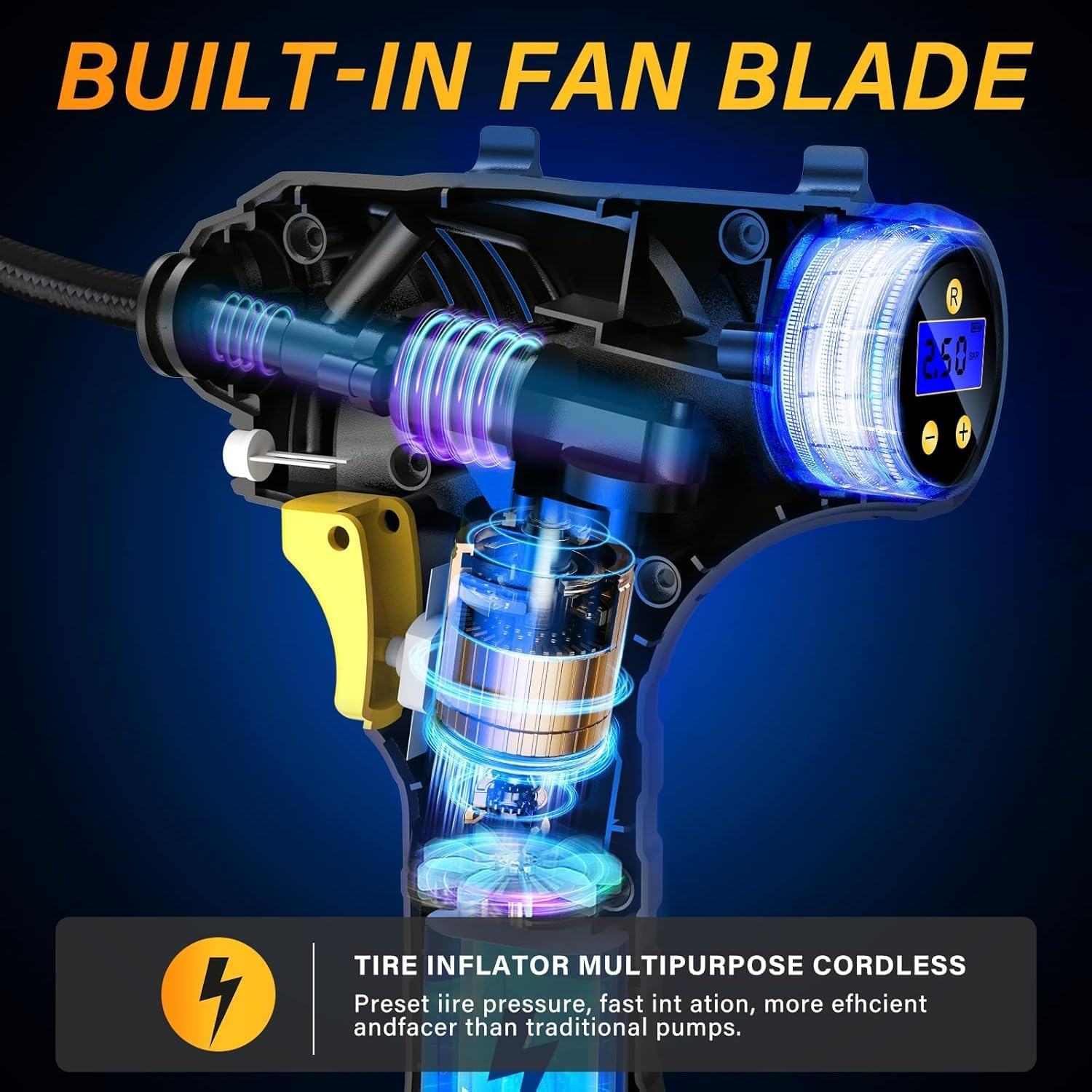 Tyre Inflator Cordless Air Compressor,12V USB Rechargeable Battery,150Psi Portable Car Tyre Pump,Electric Digital Pump with LED Light and 3 Nozzle Adaptors,For Cars,Suv,Motorcycles, Bicycle,Balls image number 2