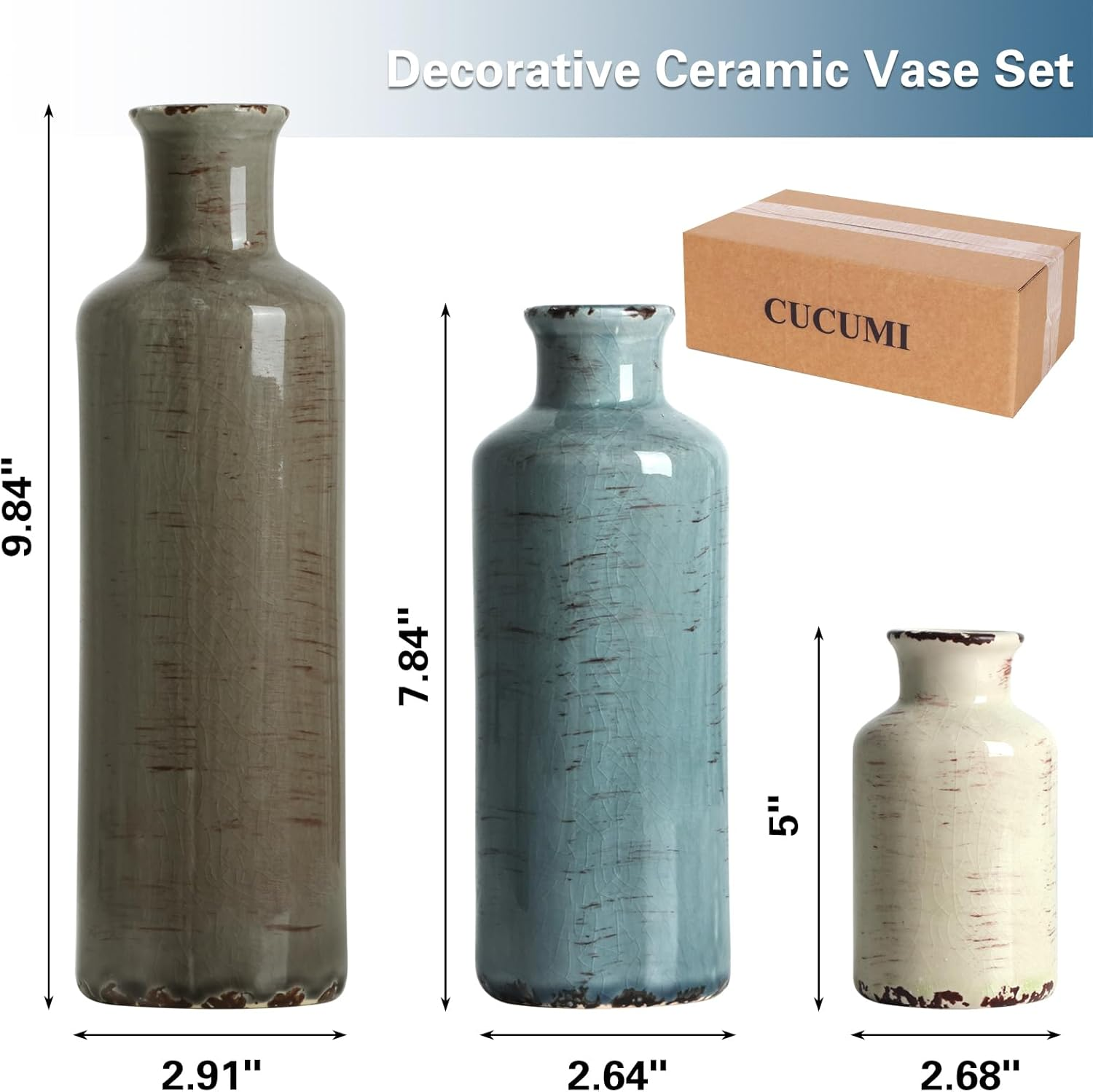 CUCUMI Ceramic Vase Set of 3, Rustic Coastal Farmhouse Decor for Shelves, Ocean Beach Style Small Flower Vases for Home Decor, Mantle, Fireplace, Table, Shelf Decorations for Living Room image number 5
