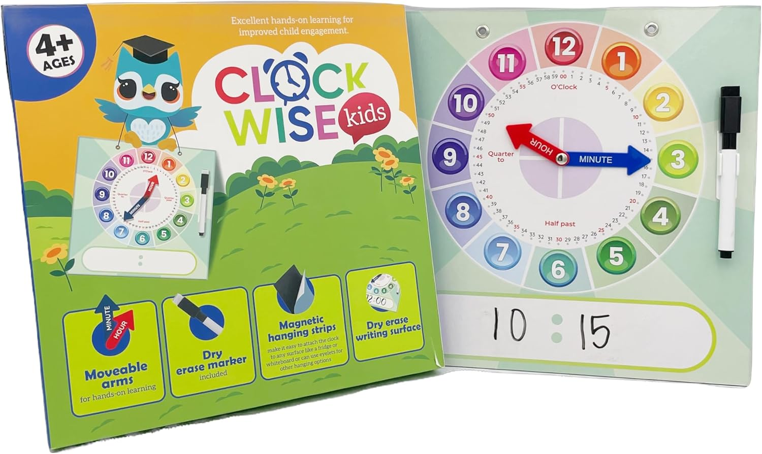 Kids Teaching Clock with Moveable Arms, Dry Erase Surface, Magnetic Hanging Strips, Educational Learning Tool for Time-Telling Skills. Perfect for Classrooms and Homes
