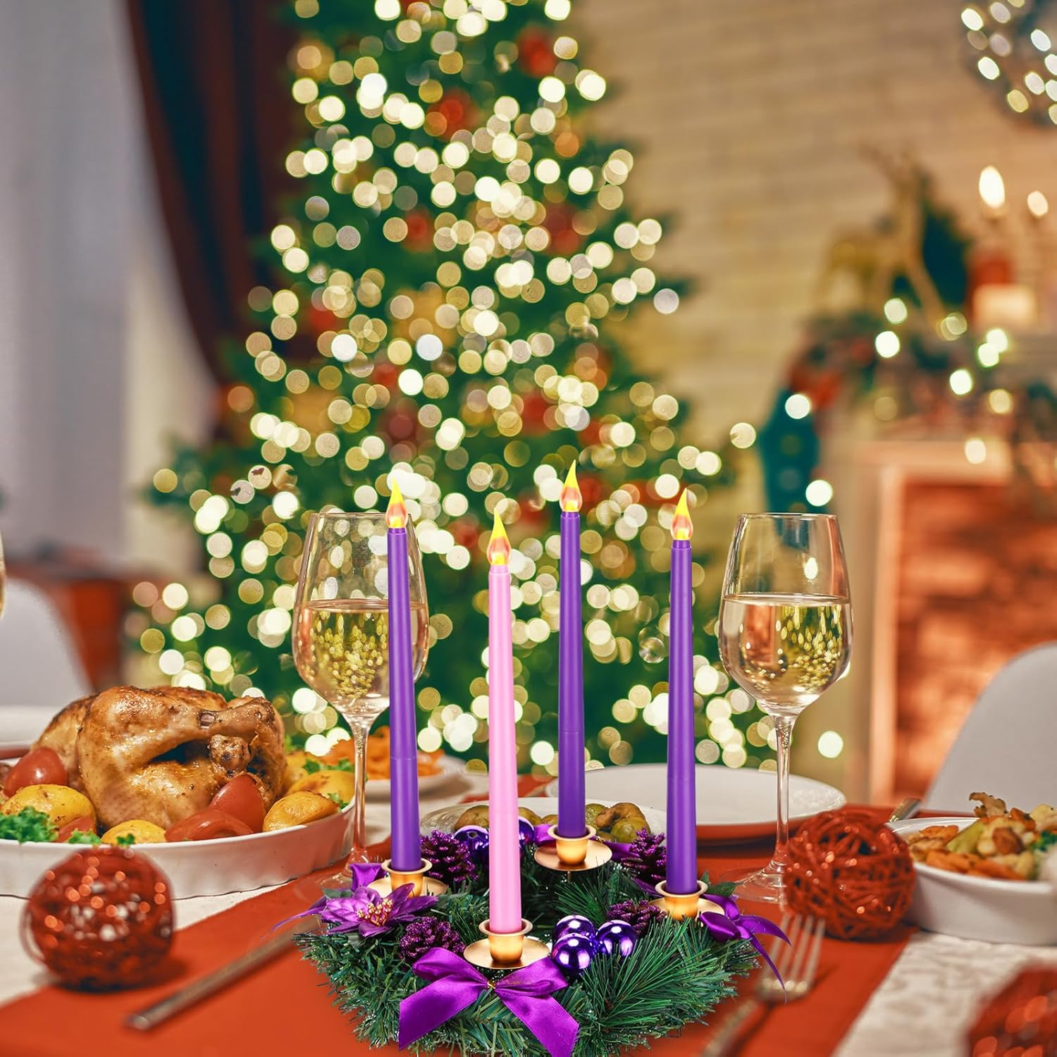 Fumete 2 Set Christmas Advent Wreath 11.8 Inch Purple Ribbon Poinsettia Ball Berry Advent Candle Holder with 8 Flameless Taper Candles for Table Centerpiece Decoration Holiday Party Home Church image number 5