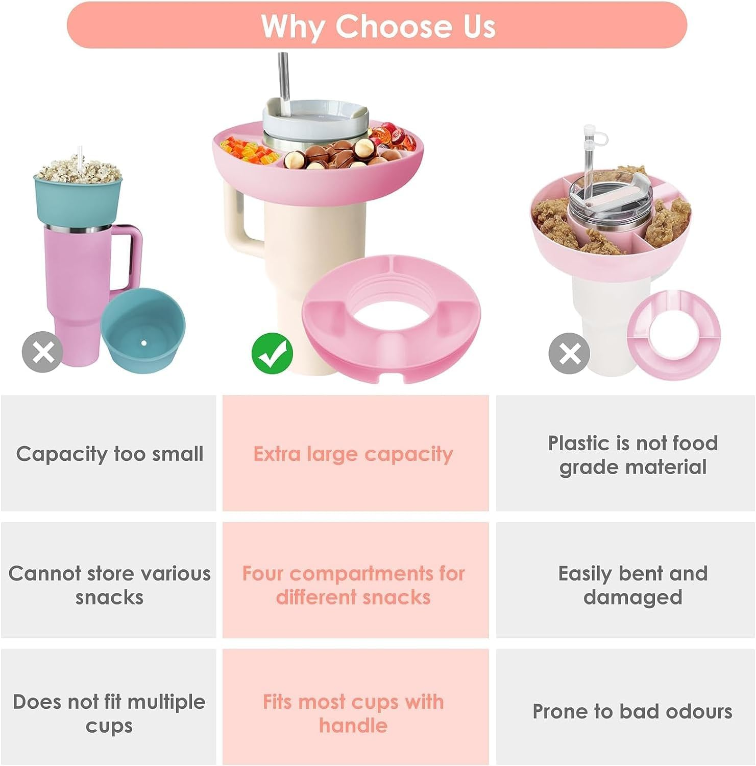 ETHEL Modern Pink Silicone Snack Ring for Stanley Cup 40 Oz with Handle, 4 Compartment Reusable Snack Platters image number 2