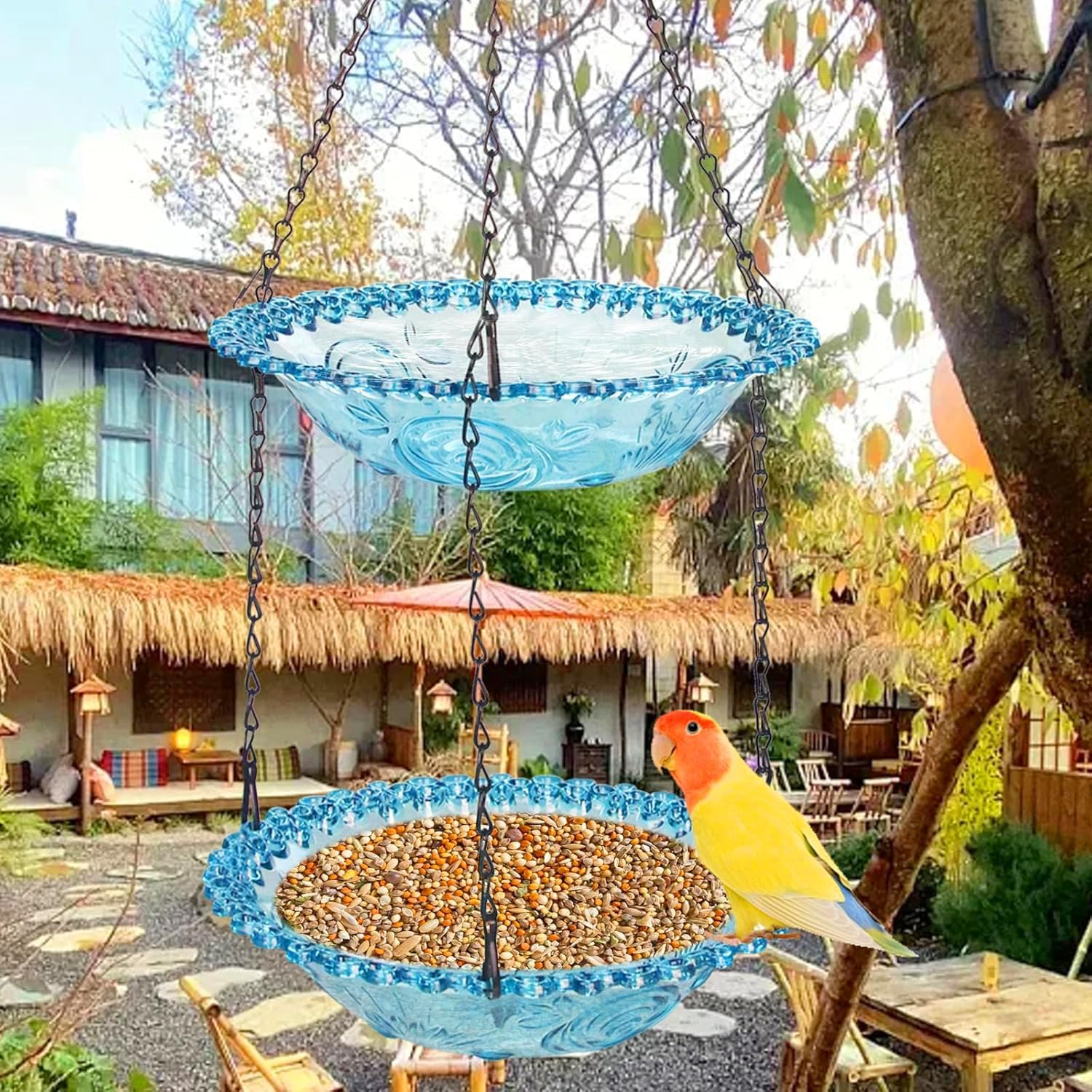 Hanging Bird Bath for Outdoor, 2-In-1 Bird Feeder&Birdbath Bowls, Backyard Birdbath Garden Decor, Feeder and Drinking for Wild Backyard Attracting Birds (Blue-Doulbe Bath)