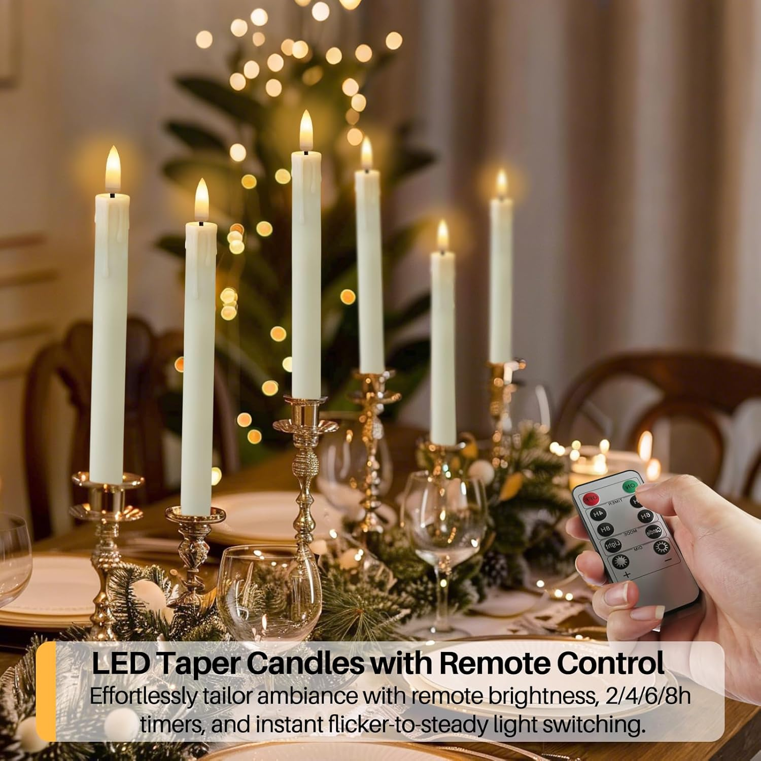 Neween Rechargeable Flameless Taper Candles, LED Candlesticks Flickering, Battery Operated Candles with Remote Timer Replacement Light Head for Home Wedding Christmas Decor, 6 Pcs, Ivory image number 6